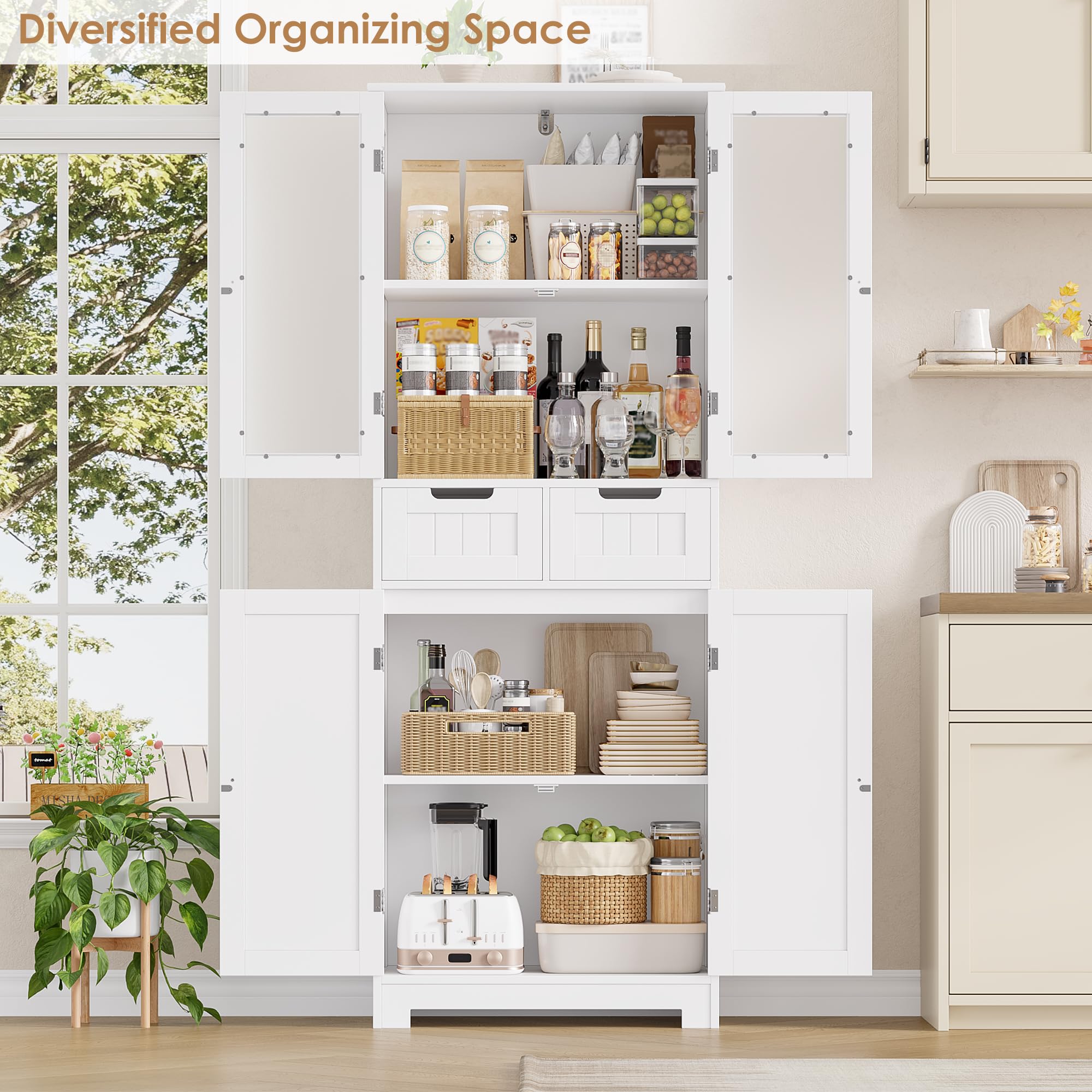 HOCSOK Mueble Columna de Baño, Mueble Auxiliar de Almacenaje con 4 Puertas y 2 Cajones, Armario de Madera de Suelo para Entrada, Salón y Cocina, 60 x 30 x 170cm, Blanco