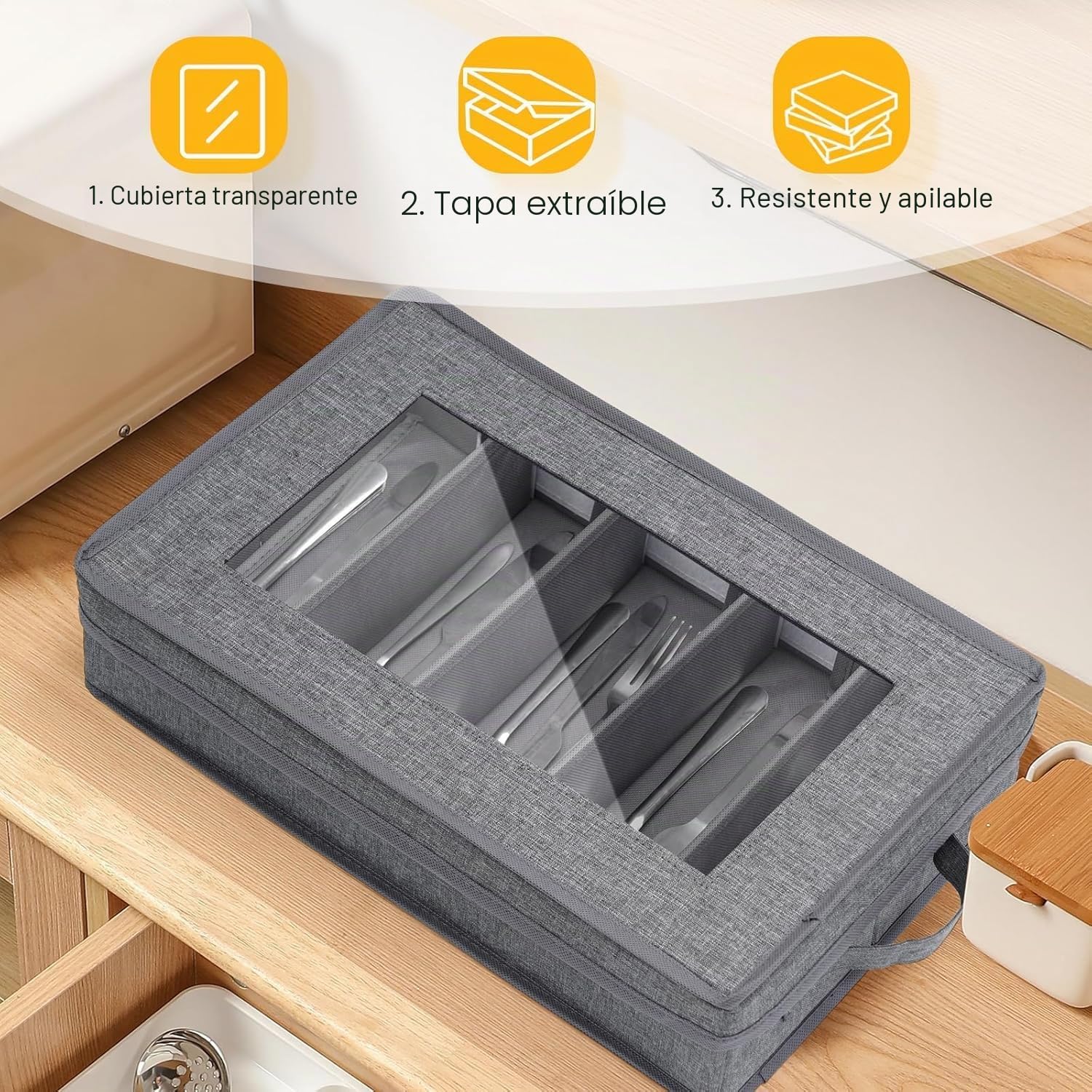 Caja de almacenamiento de cubiertos, 2 unidades, almacenamiento de cubiertos, almacenamiento de utensilios con tapa extraíble y separadores ajustables para organizar utensilios, cubiertos