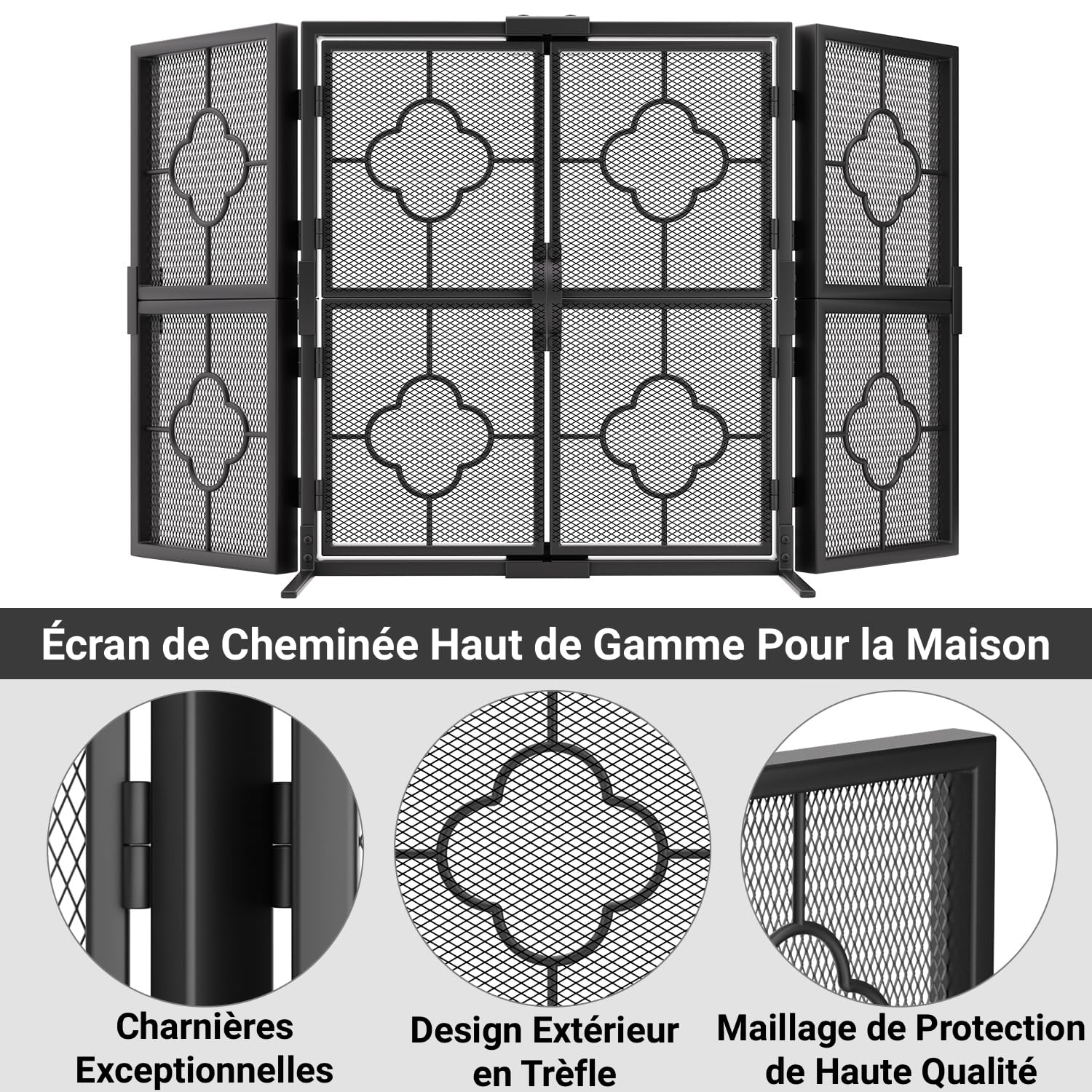 Amagabeli Écran De Cheminée 3 Panneaux en Fer Forgé Métal Décoratif Grille Clôture Solide Acier
