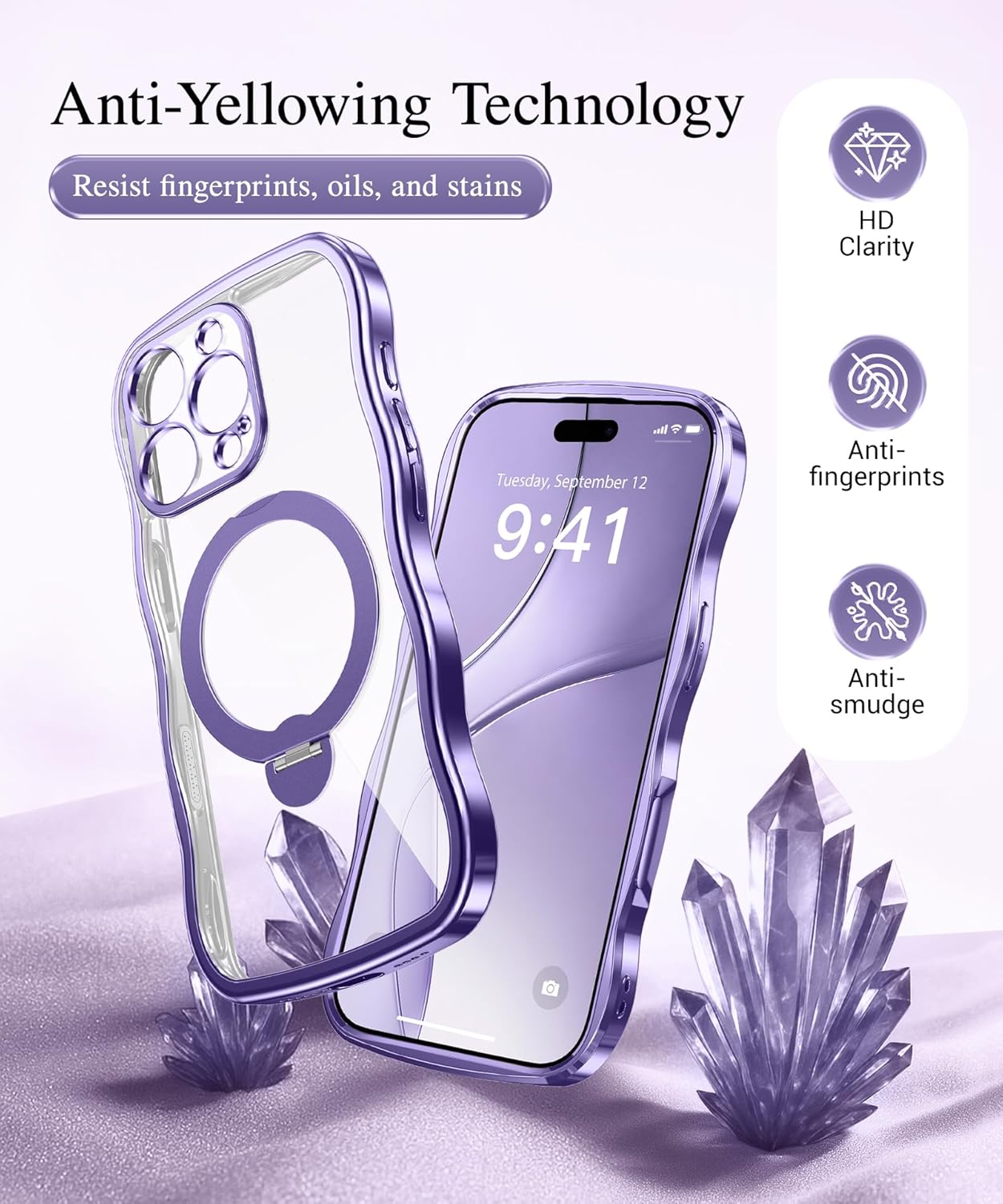 GVIEWIN for iPhone 16 Pro Max Case with 360° Magnetic Stand, [Compatible with MagSafe][Full Camera Protection][Non-Yellowing] Cute Slim Electroplated Wave Shockproof Phone Case 6.9", Clear/Dark Purple - Image 8