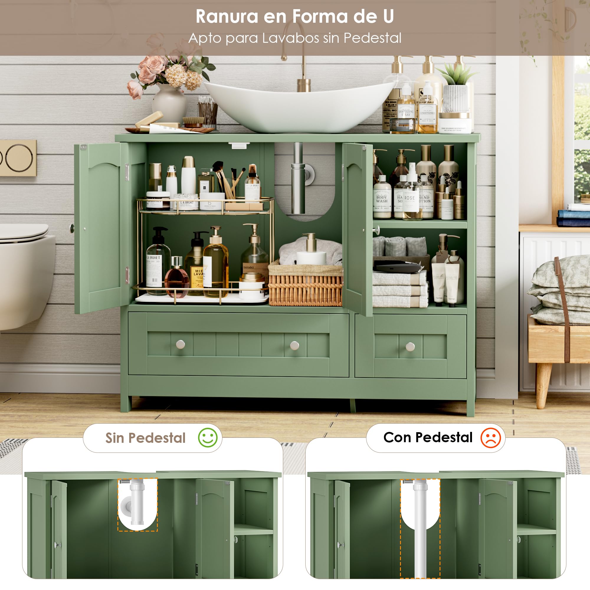 FOREHILL 80cm Mueble Bajo Lavabo, Mueble Baño, Mueble Lavabo con Pie | con 2 Puertas, 2 Cajones, Verde, 80x30x65cm