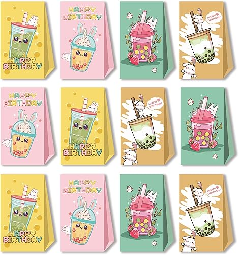 12 bolsas de regalo de fiesta de té Boba para suministros de decoración de cumpleaños de té Boba, bolsas de regalo, bolsas de regalo para niños,