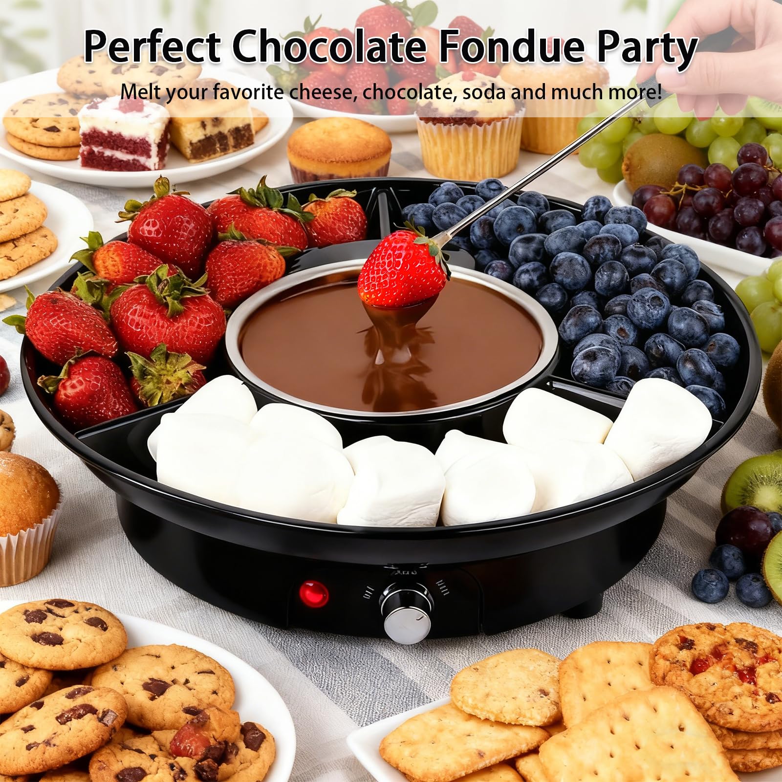 Elektrisches Schokoladen Fondue Set, 280ml Schokoladen Pot mit 2 Temperaturstufen, abnehmbarem Aluminiumtopf, Servierschale & 4 Gabeln, Perfekt für romantische Abende