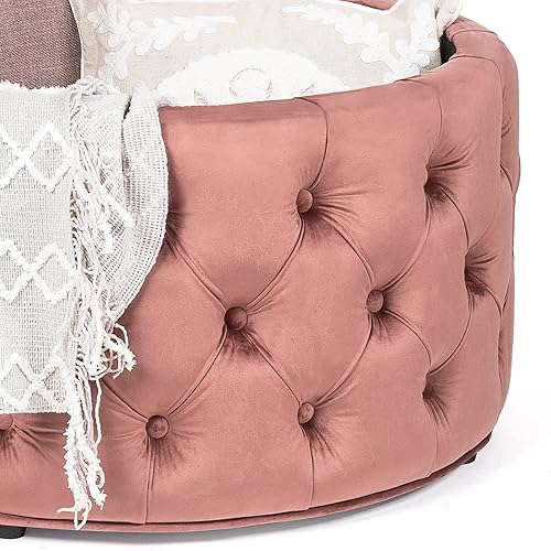 Miniatura 5 de Homebeez Otomana redonda de terciopelo para almacenamiento, reposapiés con botones copetudos, mesa de café (rosa) Rosa,Azul,Verde,Gris,Gris