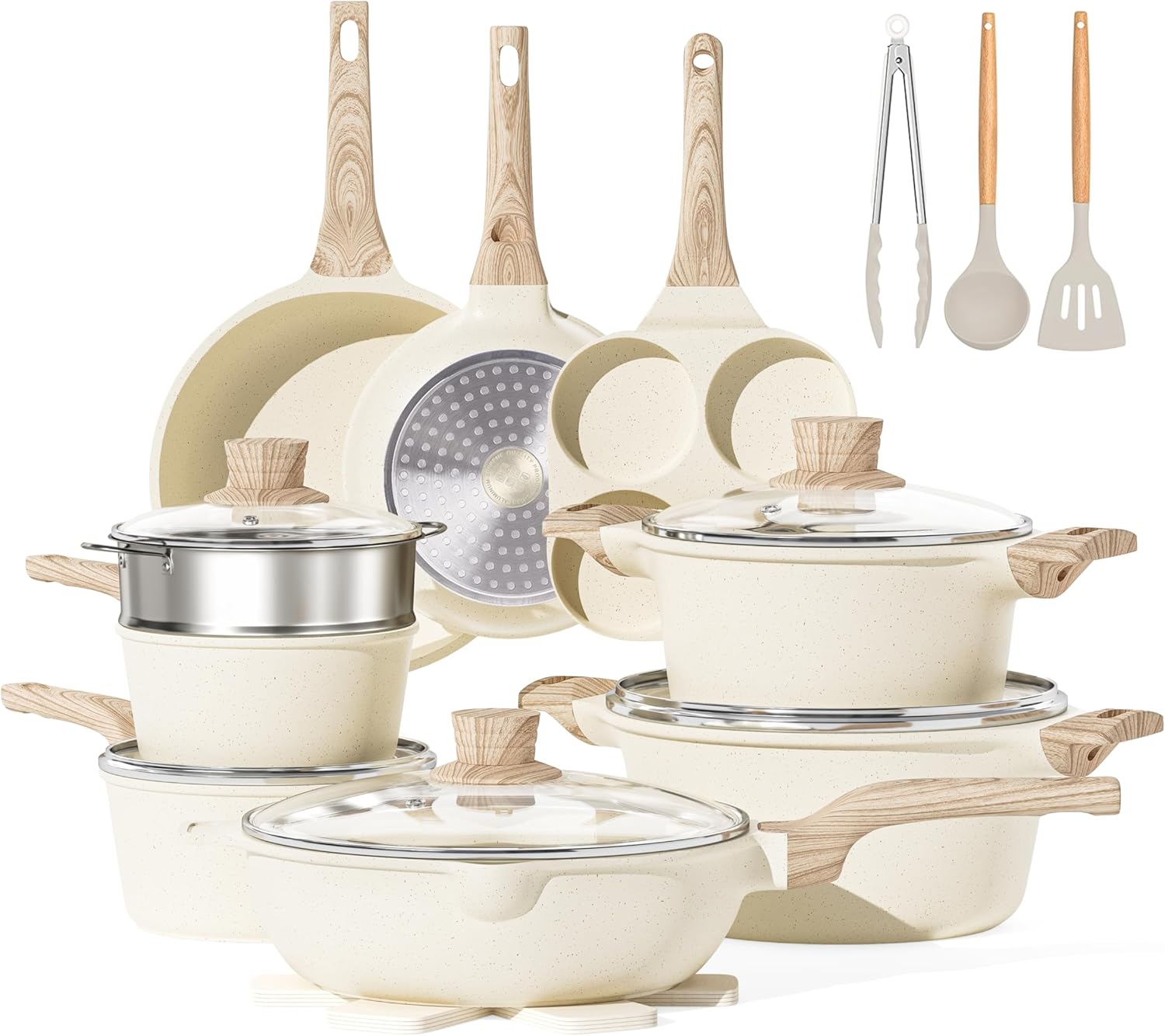 Caannasweis Pots and Pans Set, Nonstick Kitchen Cookware Sets, Granite Pots and Pans, Cooking Pans Pots Set (Cream White, 21 Piece Egg Pan Set) Cream White 21 Piece Egg Pan Set