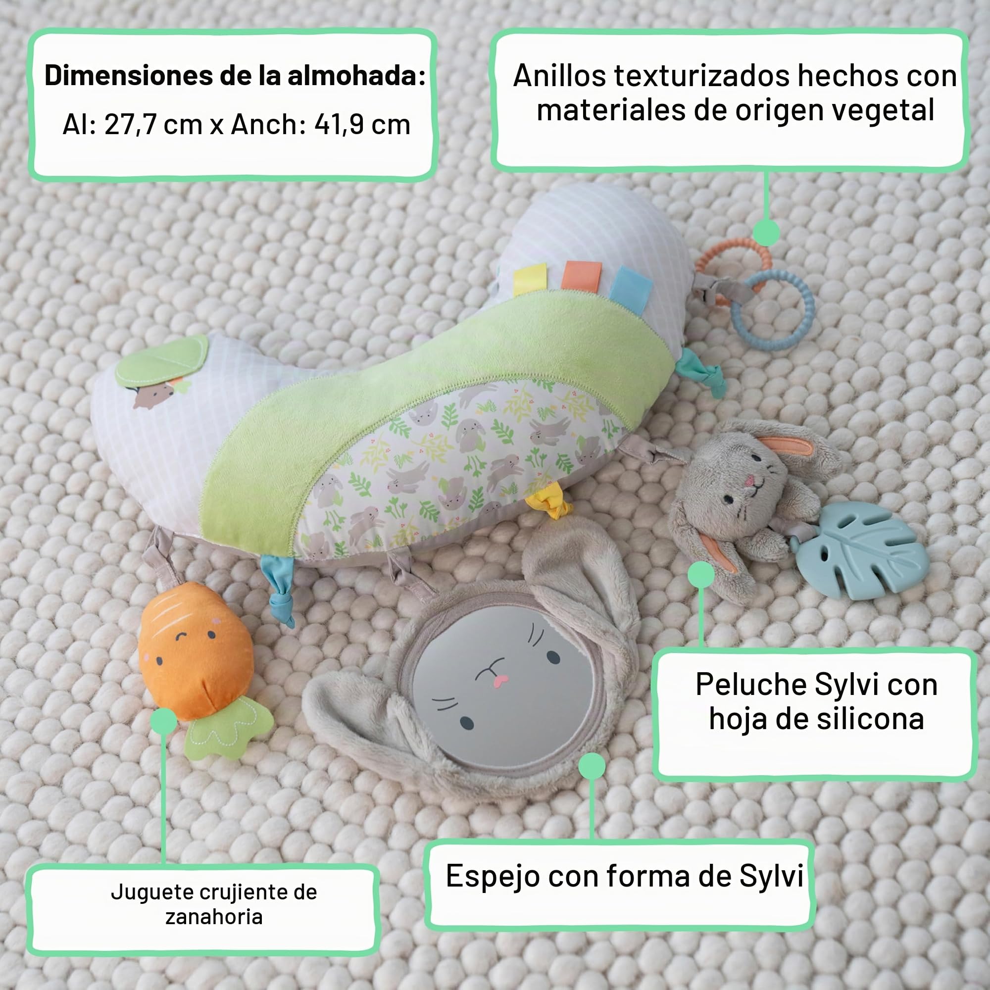 Ingenuity, Cojín para el Tiempo Boca Abajo Cozy Prop Sylvi, Multisensorial con 4 Juguetes Desmontables, Estimula el Desarrollo y la Coordinación, Suave Conejito de Peluche, Desde Recién Nacidos