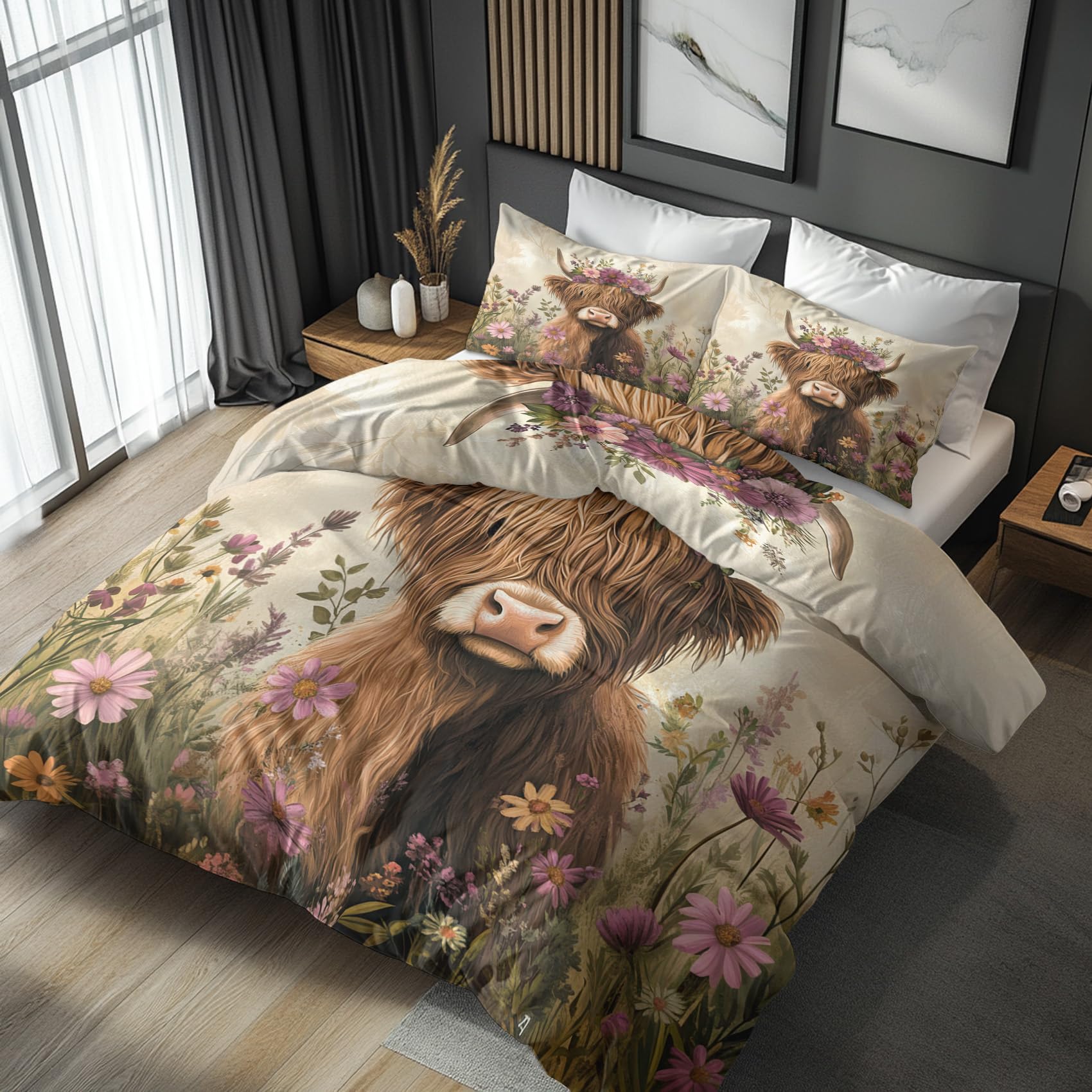 Highland Cow Flower Single Duvet Cover Set - Farm Animal Kids Bedding & Bedroom Decor, Super Soft Microfiber Quilt Cover and 1 Pillowcases, with Zip, Reversible Design (G-21KI)