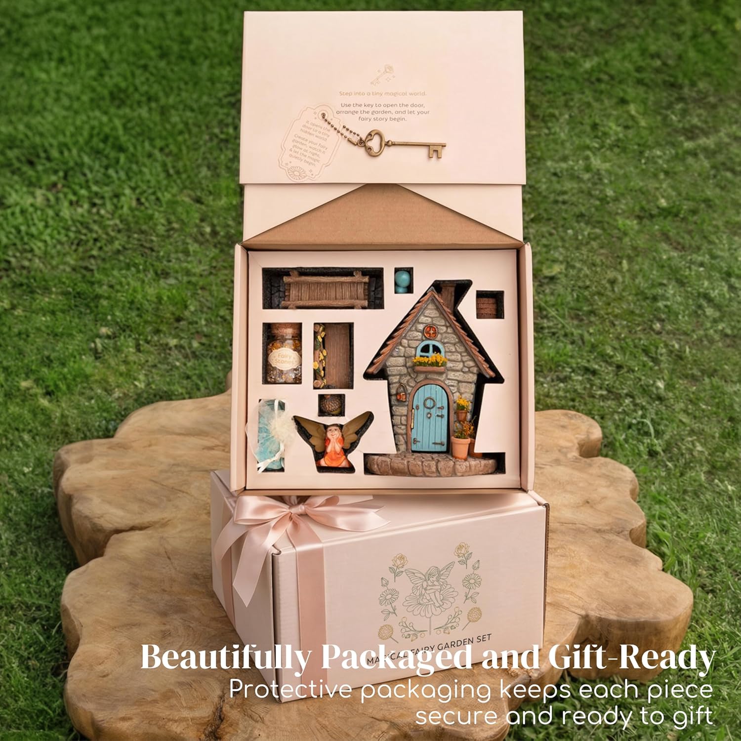 My Fairy Garden Kit – 13-Piece Fairy House Set – 7.1" High Fairy House with Open Door & Solar Light, Fairy Bridge, Glowing Stones & Miniature Accessories – Outdoor Garden Decor Gift