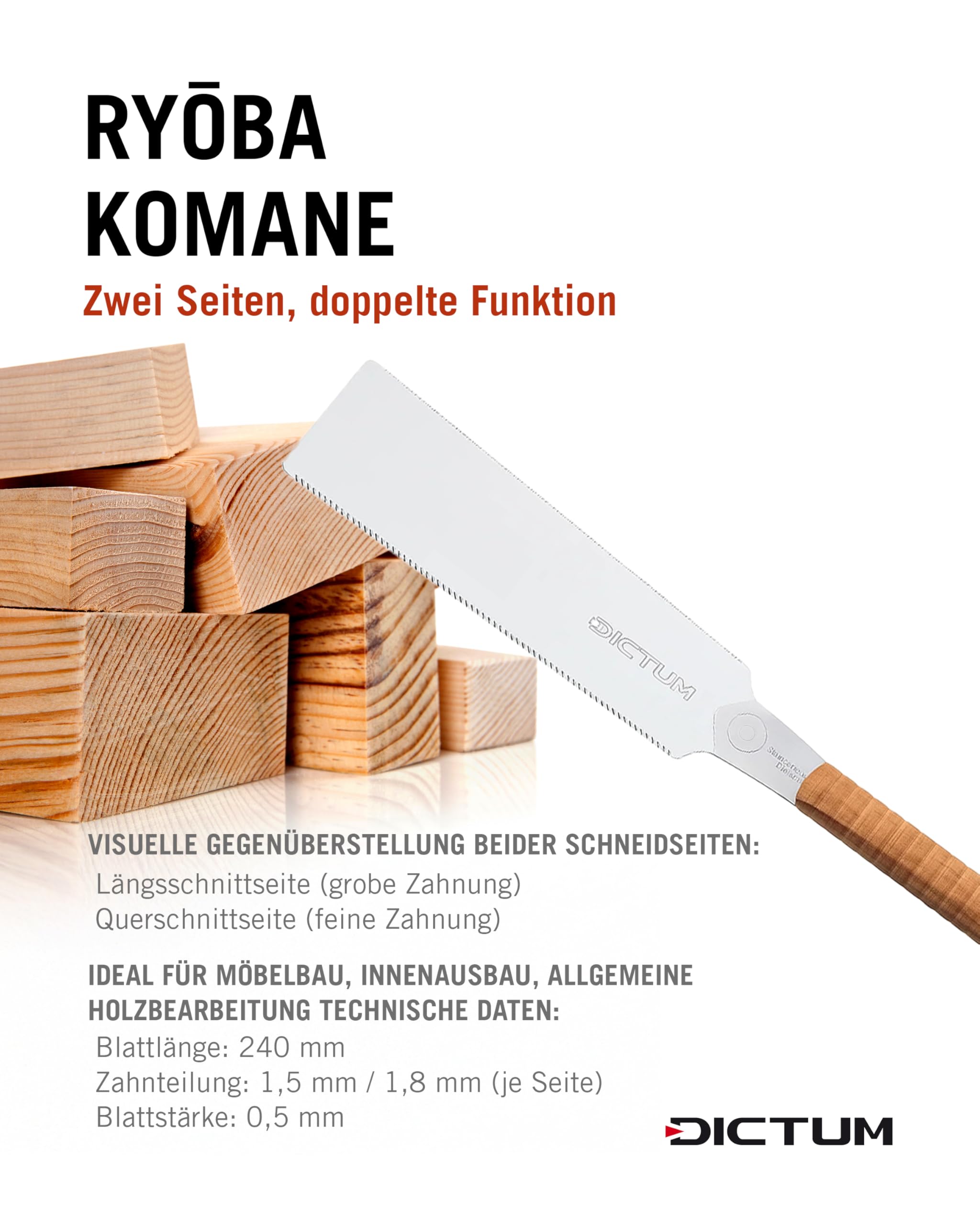 DICTUM Japansäge Set 3-teilig Dozuki Kataba Ryoba Profi Zugsäge Wave Grip Original Feinsäge Präzisionssäge