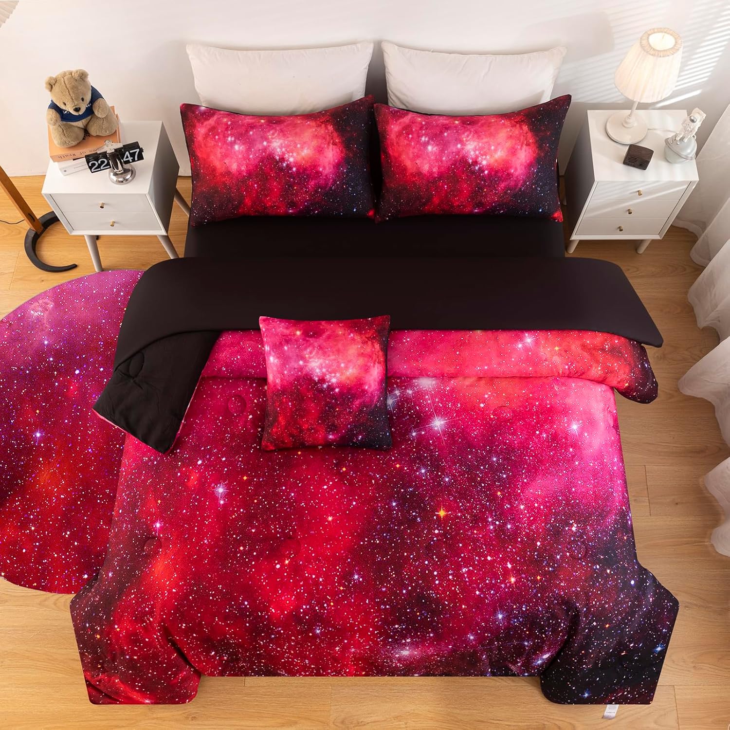 6 Pcs Red Galaxy Comforter Set Twin Size for Kids Girls Teen, Starry Night Sky Space Bedding Sets Twin Bedroom Decor (1 Comforter, 1 Flat Sheet, 1 Fitted Sheet, 1 Cushion Cover, 2 Pillowcases)