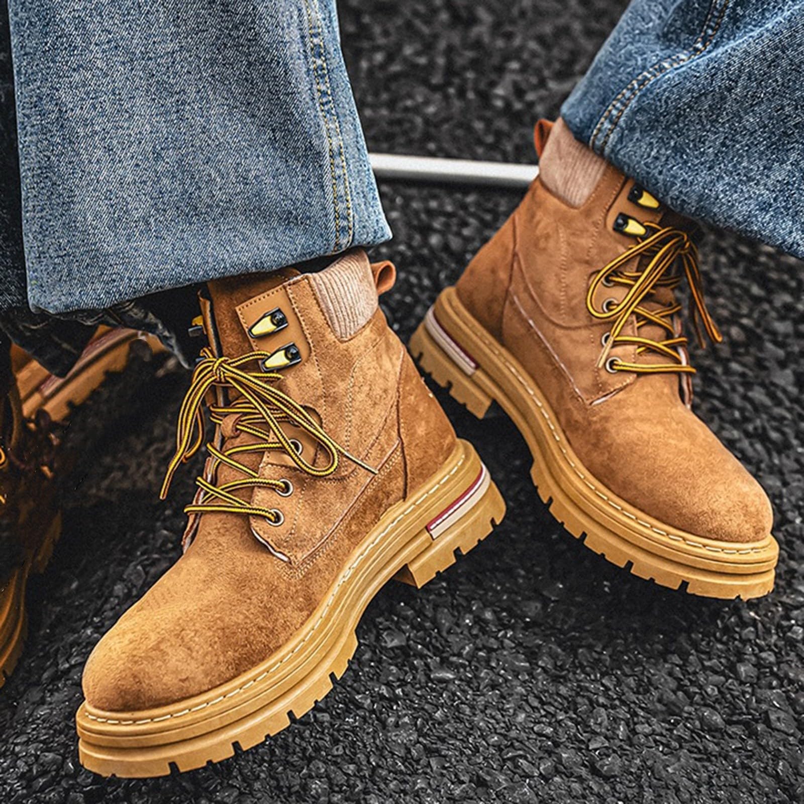 Męskie masywne zamszowe botki z dzianiny kołnierz na co dzień botki retro sznurowane modne trampki do streetwear spacerów, ŻÓŁTY, 39.5 EU