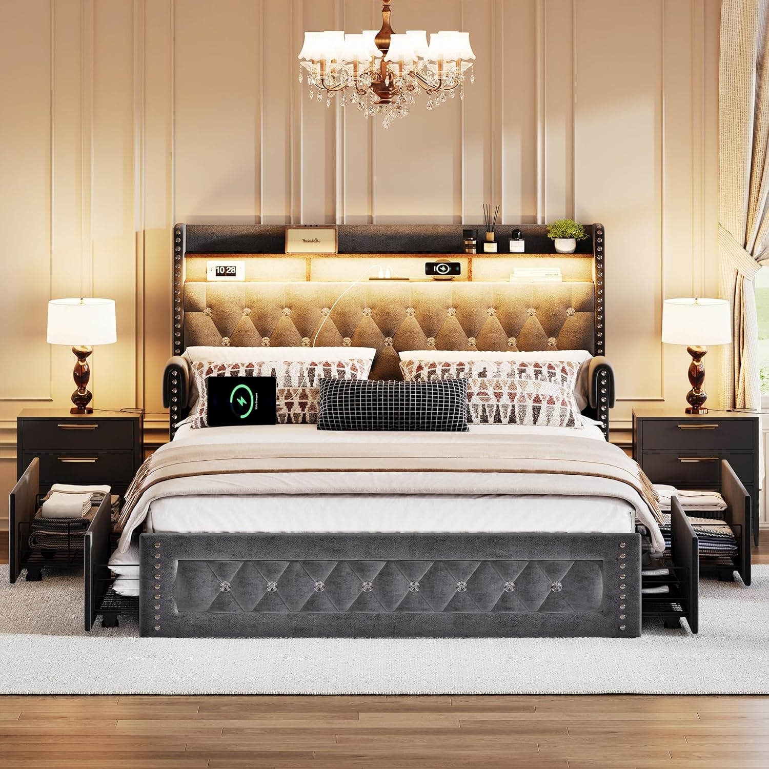 Queen Size Bed Frame with 4 Storage Drawers, Velvet Upholstered Queen Platform Bed with Charging Station and Bookcase Storage Headboard and Led Lights, Wingback Headboard with Crystal, Grey