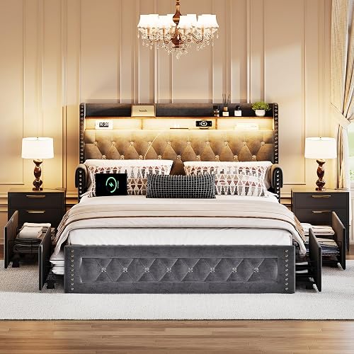 Ailisite Queen Size Bed Frame with 4 Storage Drawers, Velvet Upholstered Queen Platform Bed with Charging Station and Bookcase Storage Headboard and Led Lights, Wingback Headboard with Crystal, Grey