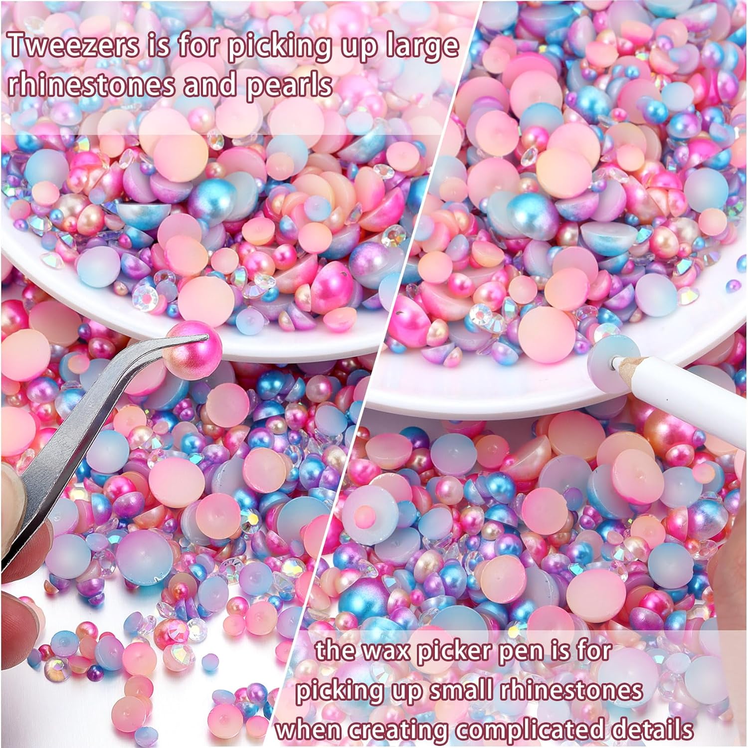 100g Flatback Pearls and Rhinestones,Mix 3-10mm Pearl Rhinestones for Crafts Tumblers Shoes Face Nail Art(Light Blue/Pink/White) - Image 4