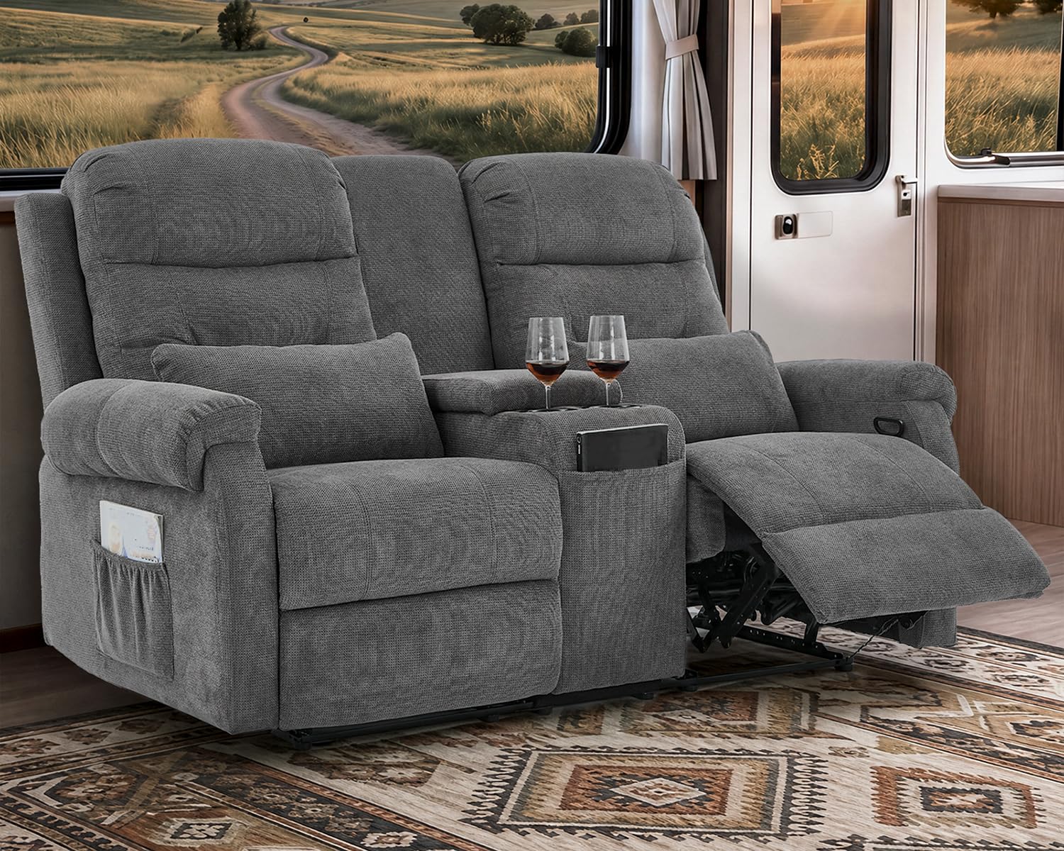 RV Loveseat Recliner, Manual Reclining Loveseat with Center Console, 2-Seater RV Recliner Sofa with Cup Holders, Reclining Couch for RV, Camper &amp; Living Room