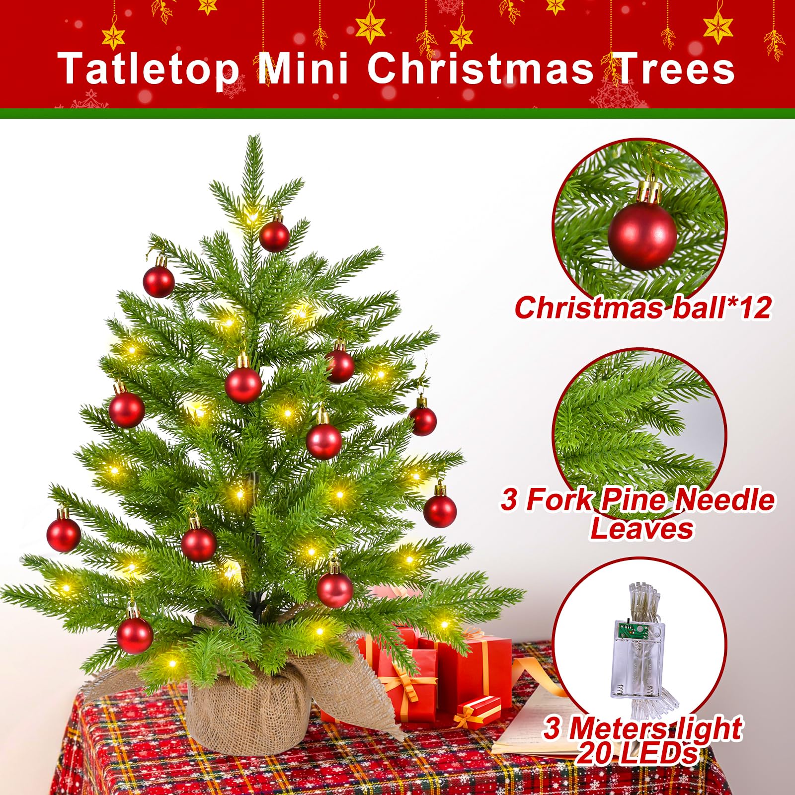 Albero di Natale Mini Artificiale 55cm, Piccolo Albero con Ornamenti, Luci LED, Baubles Natalizie, Albero Piccolo per Decorazione di Natale Interna Ufficio Tavolo