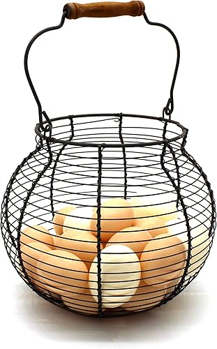 Miniatura 8 de CVHOMEDECO. Antique Wire Egg Basket with Handle Primitives Vintage Gathering Basket. Black (7-34"Dia. X 5"H Black)