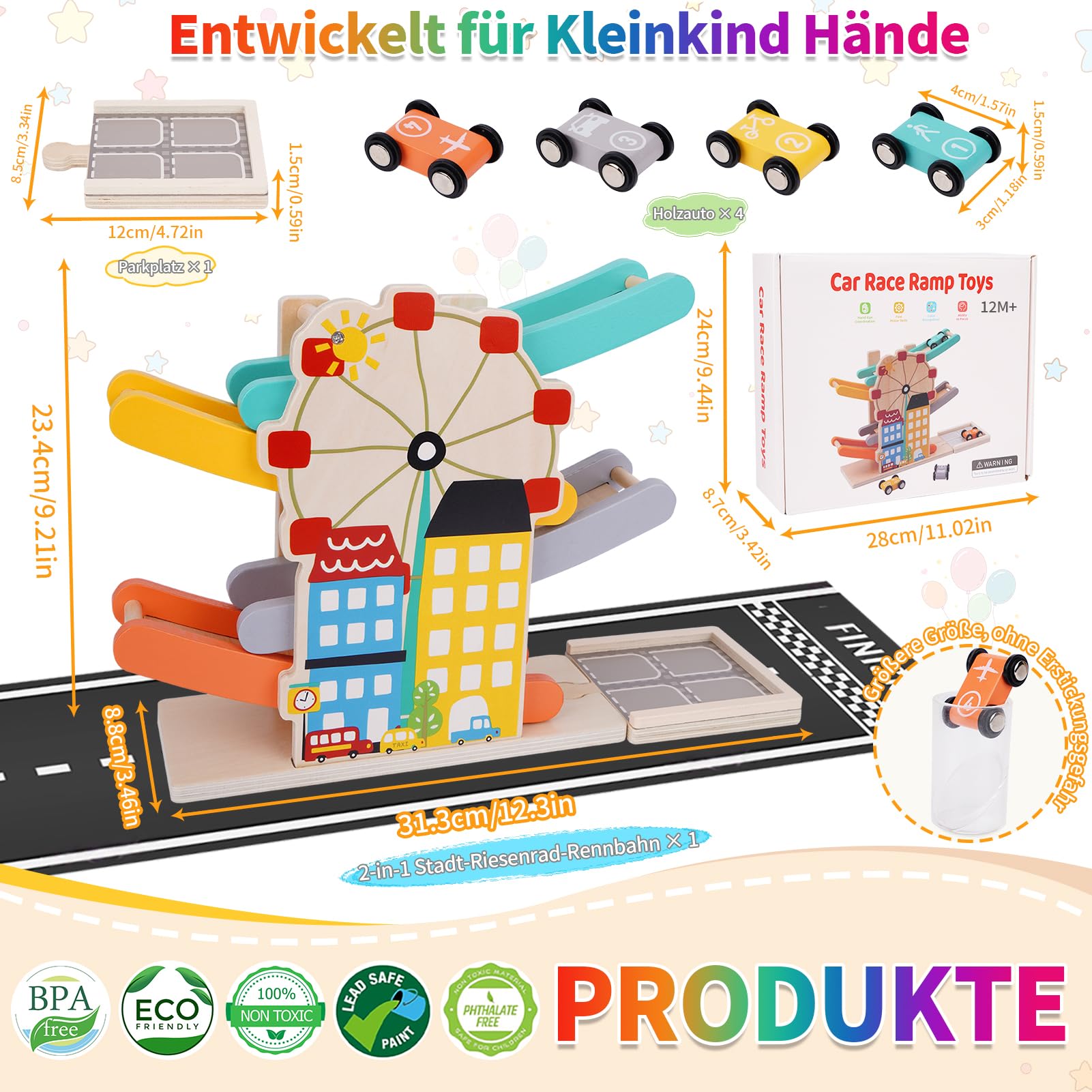 FCSONU Kinder Montessori Spielzeug ab 1-4 Jahre, Autorennbahn/Murmelbahn/Kugelbahn Holz ab 1 Jahr, Kinderspielzeug Holzspielzeug ab 1 2 3 Jahr, Weihnachten Geburtstag Geschenk für Junge Mädchen Baby