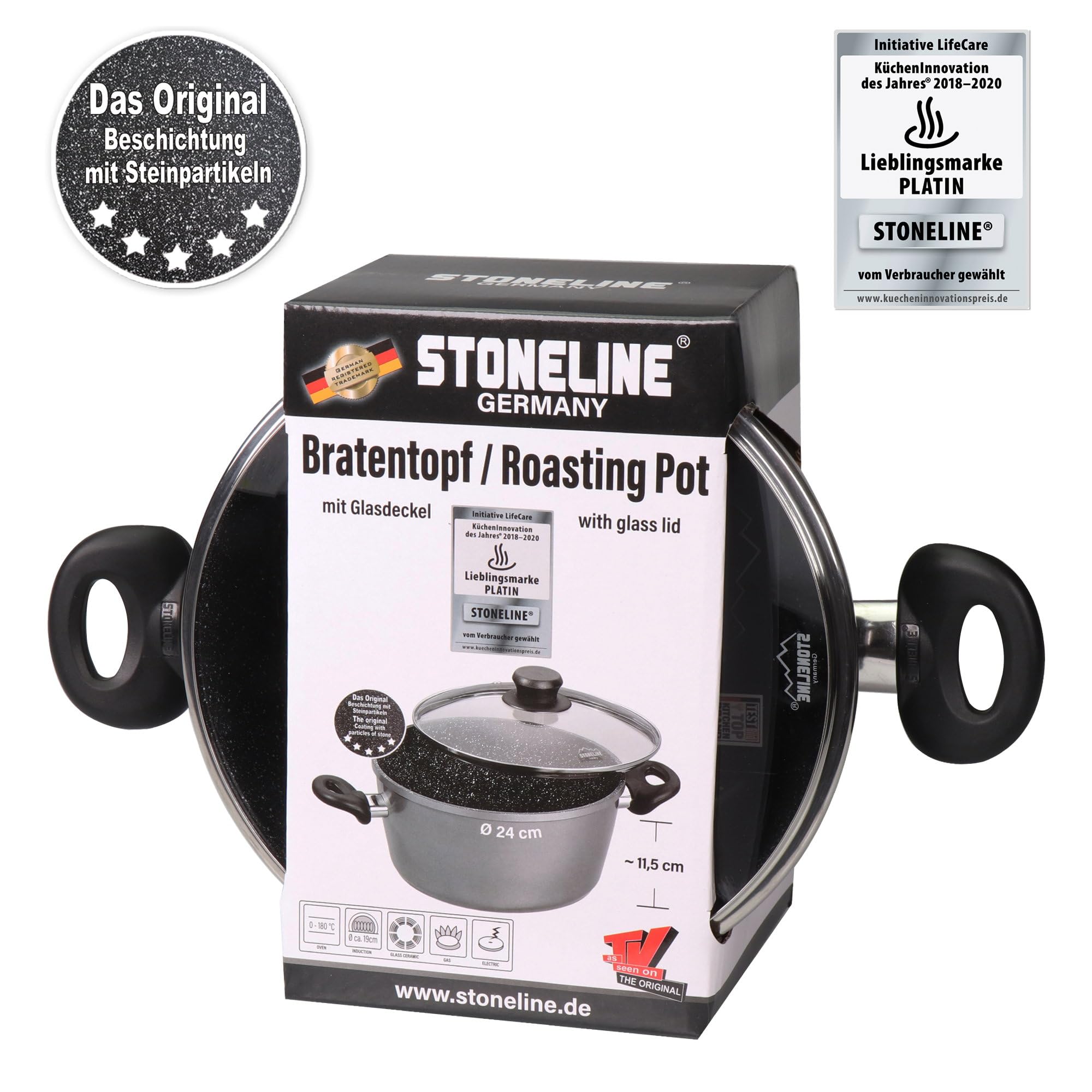 STONELINE Aluguss Kochtopf 24 cm, Topf mit Deckel 4,5 L, Antihaft beschichtet mit echten Steinpartikeln, Kochtopf Induktion 24 cm, für alle Herdarten, Backofen, Kochen ohne Fett oder Öl, Grau