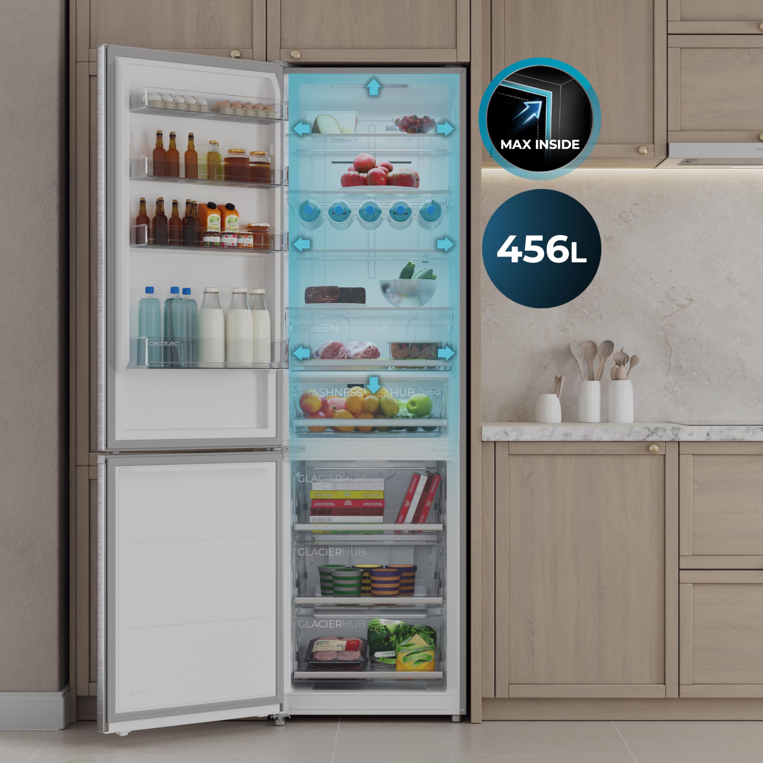 Cecotec Lodówka Combi 456L Total No Frost Bolero CoolMarket Combi 456 Inox C. wysokość 201 cm i szerokość 59,5 cm, MAX INSIDE z VIP Tech, sprężarka inwerterowa Plus, niskie zużycie energii, szklane