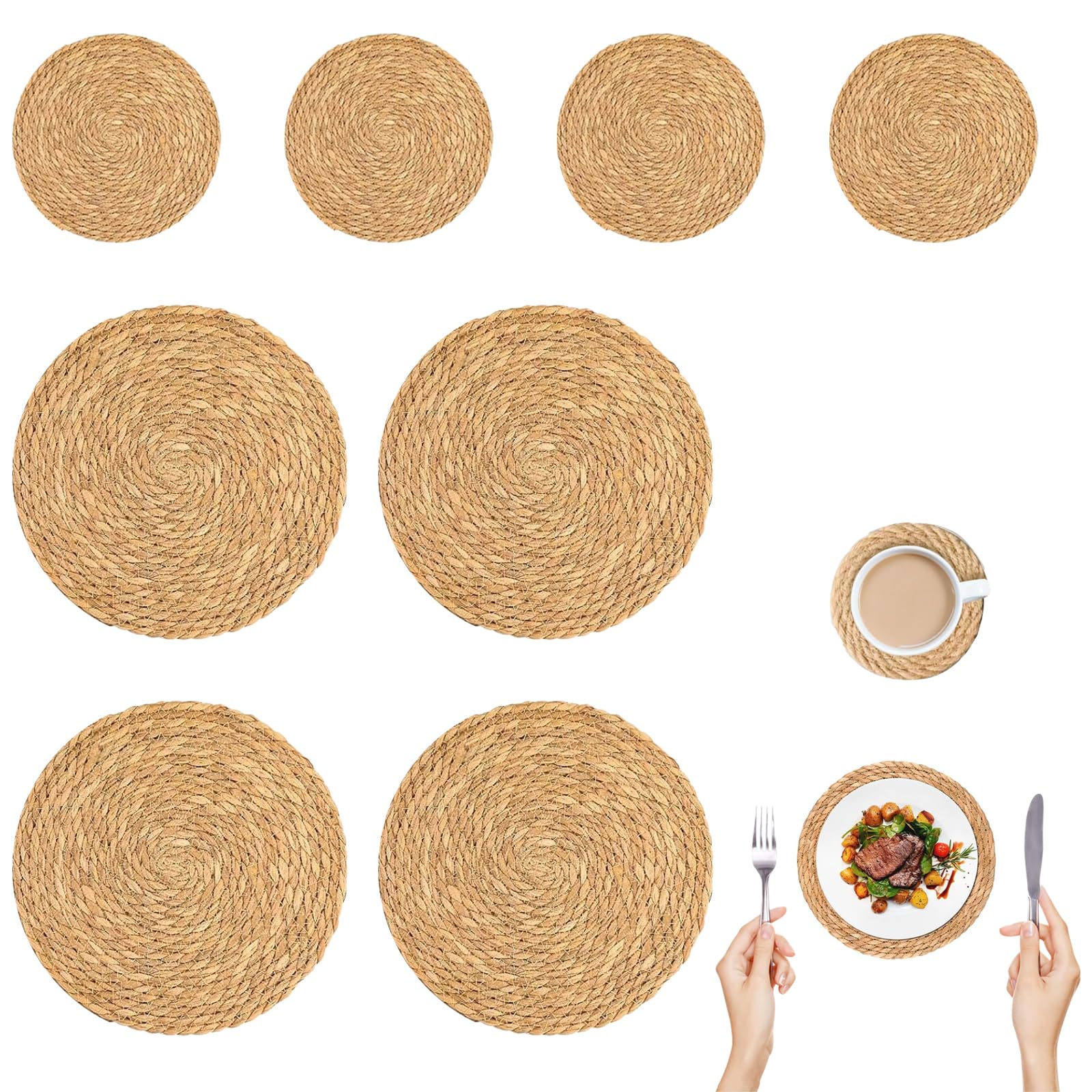 Handwoven Natural Cattail Placemats and Coasters Set, 4 Round Placemats and 4 Matching Coasters for Dining Table and Home Décor