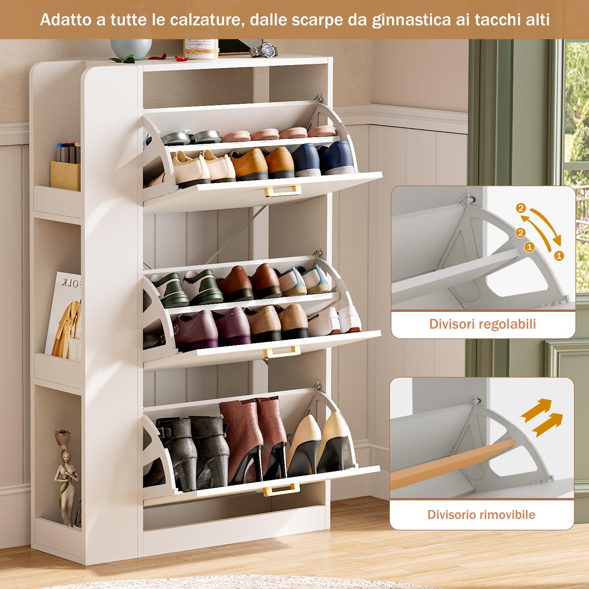 Scarpiera Salvaspazio Slim Scarpiera ingresso Scaffali portascarpe con 3 scomparti Scarpiera a 3 ante Può contenere 18-24 paia di scarpe 73,5x24x118cm Bianco (EUR≤45)