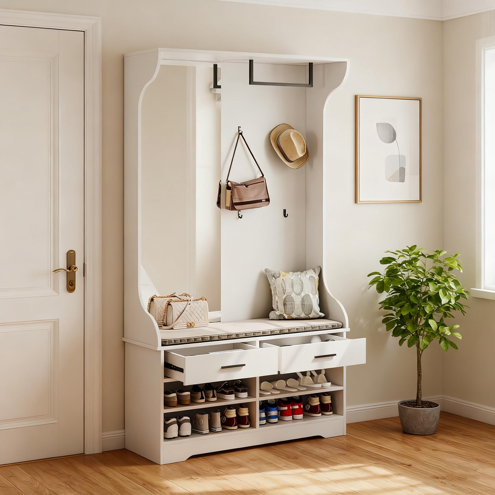 Ensemble de meubles de couloir avec armoire à chaussures, 104 x 35 x 180 cm, ensemble de meubles de couloir avec banc à chaussures, crochets, miroir et tringle à vêtements pour entrée