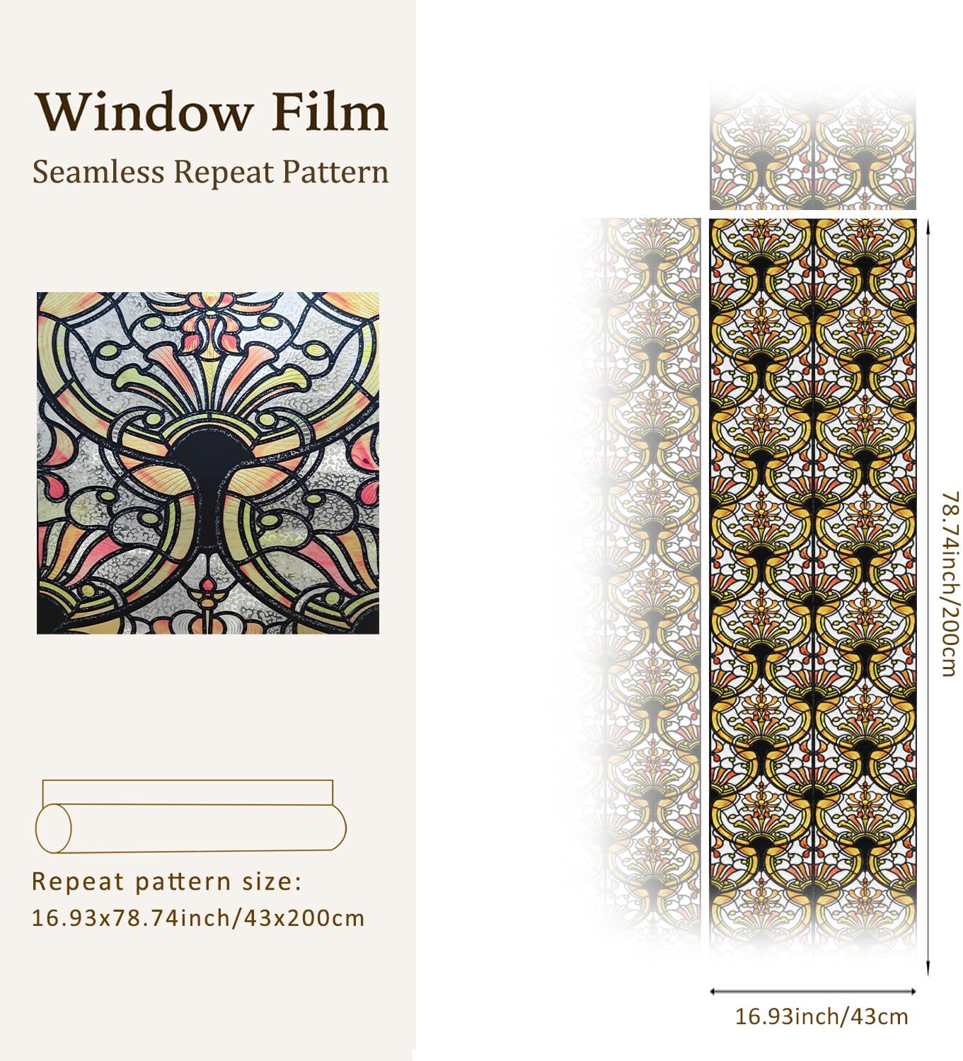 3D Vintage Stained Glass Window Film with Tools, Decorative Window Privacy Film for Room/Door/Home Decor, Amber Tracery, 16.93"X78.74"(43X200CM)