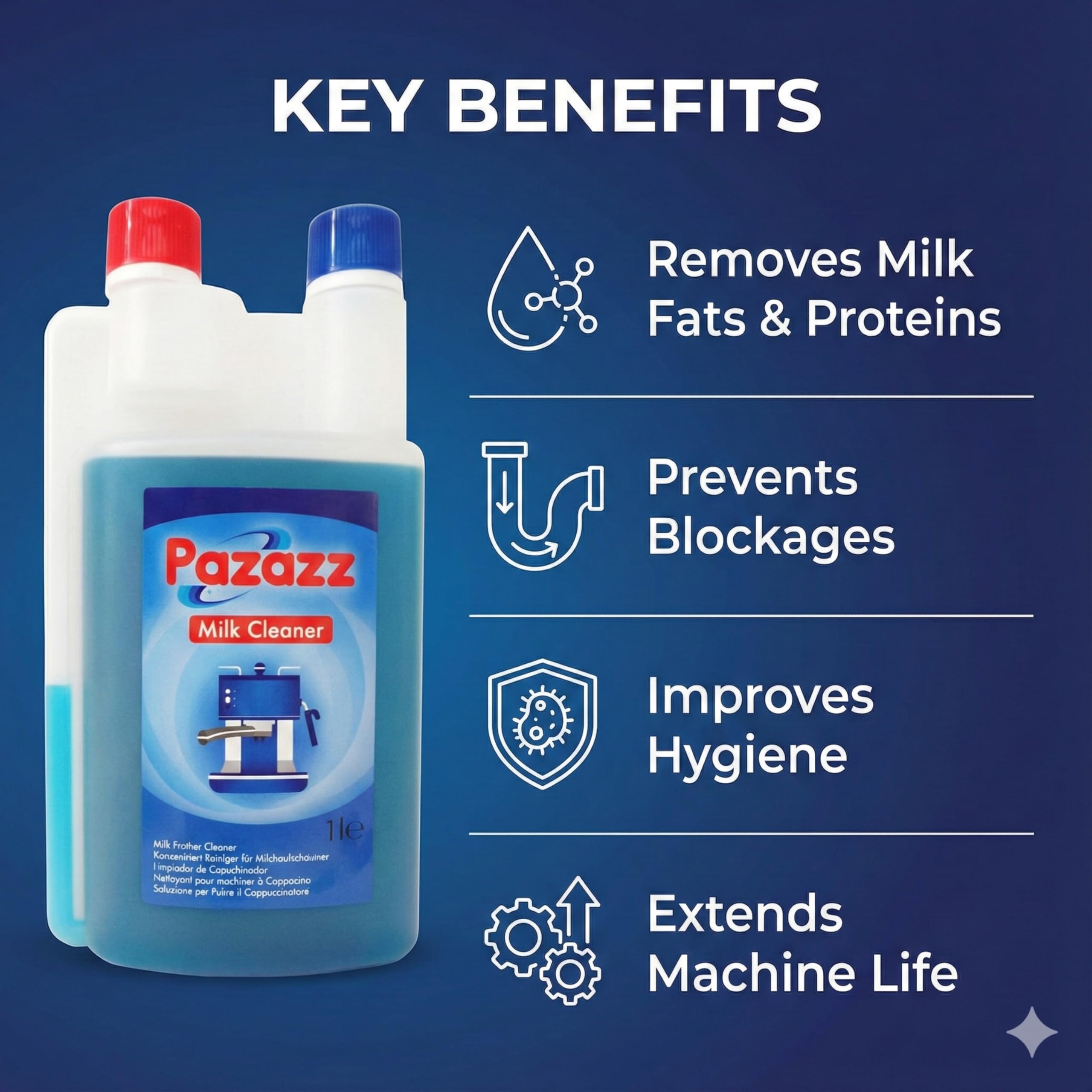 PAZAZZ Detergente per Montalatte – Liquido per Macchine da Caffè ed Espresso – Rimuove i Residui di Latte – Uso Domestico e Professionale – 1000ml – Confezione da 12