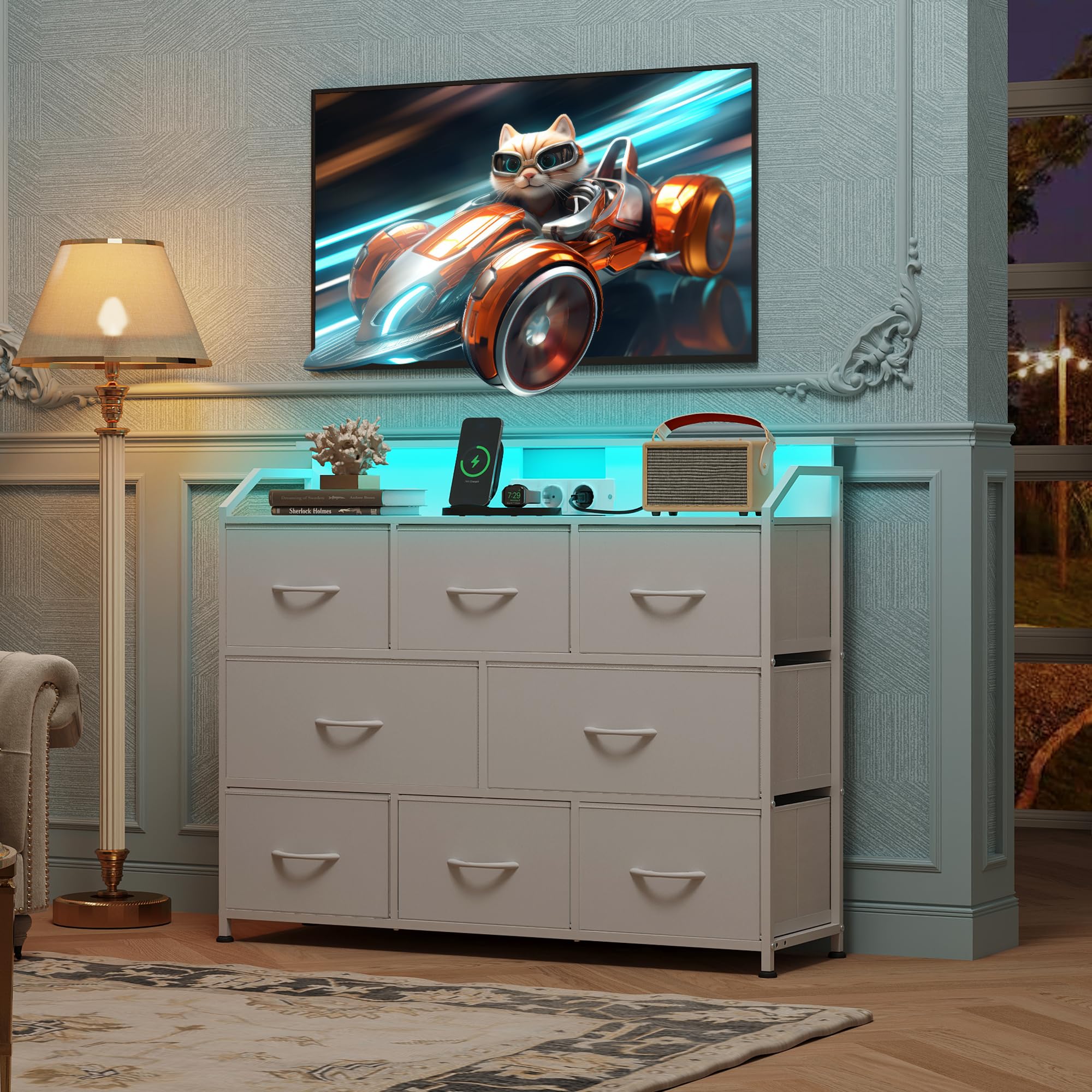 WLIVE Kommode mit LED-Beleuchtung und Ladestation, 8 geräumige und Tiefe Schubladen mit Stoffbezug, Holzplatte und stabiles Stahlgestell für Wohnzimmer und Schlafzimmer (Weiß mit Holzmaserung)
