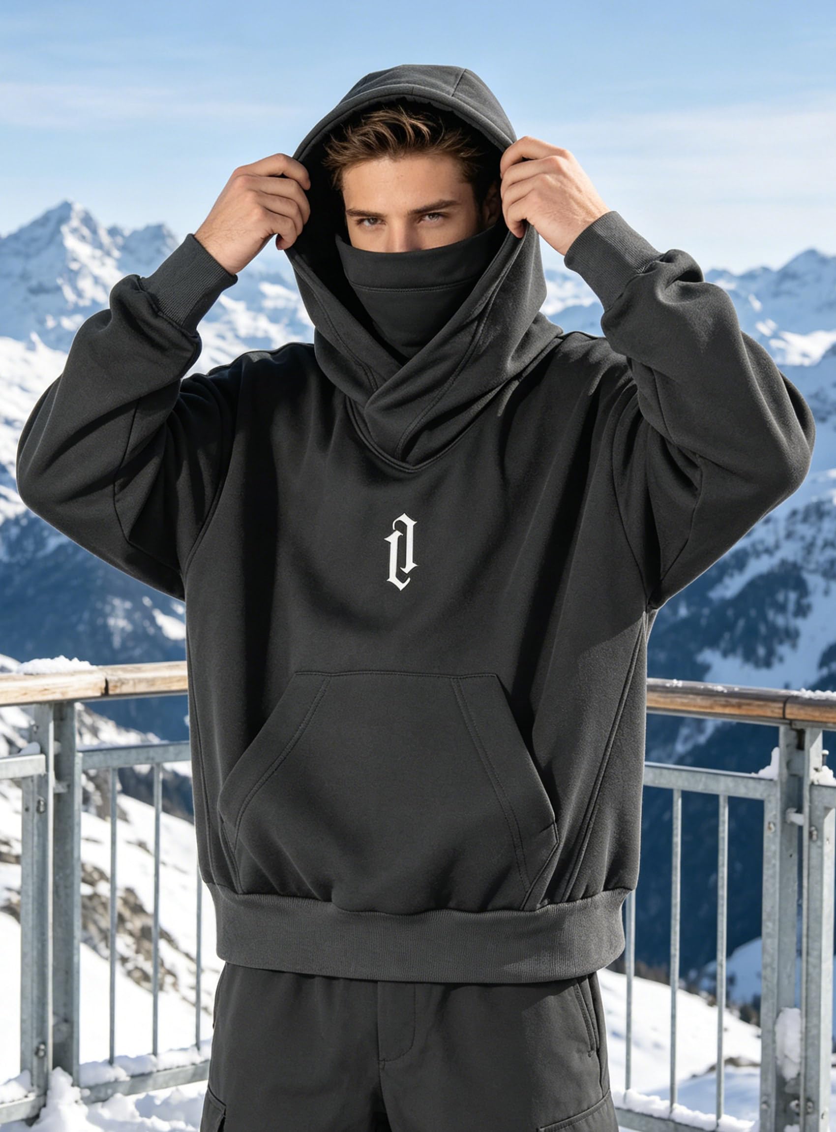 Hoodie Herren Oversize Rollkragen Fleece Pulli mit Maske
