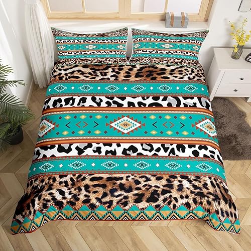 Juego de ropa de cama con estampado de leopardo, color marrón, negro, blanco, con parches de piel de guepardo, juego de funda de edredón tribal