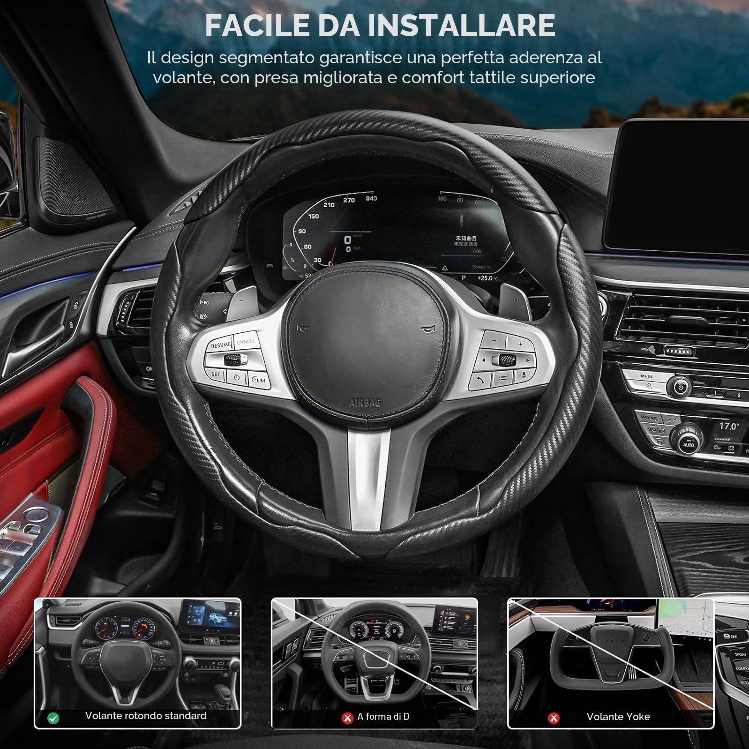 EINESIN 3x Coprivolante in Fibra di Carbonio Antiscivolo, Design Segmentato a Farfalla, Universale per il 99% delle Auto, Protezione e Rivestimento