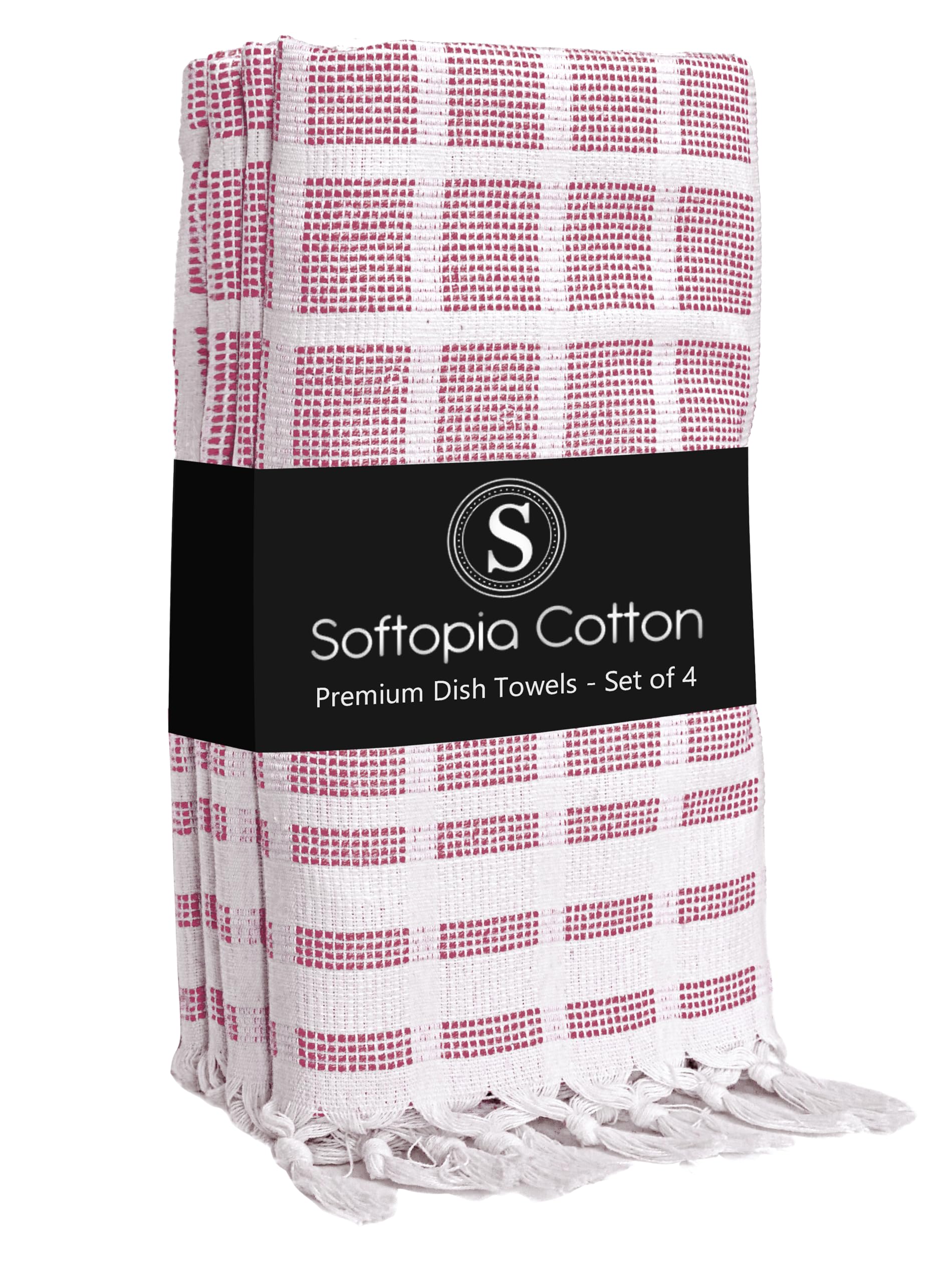 Matrix Dobby Kitchen Towels 4 Pack 100% Cotton, 16x26 Inches, Decorative Tea Towels with Handmade Tassels, Absorbent Reusable Dish Cloths for Kitchen Drying - Burgundy Wine, Natural