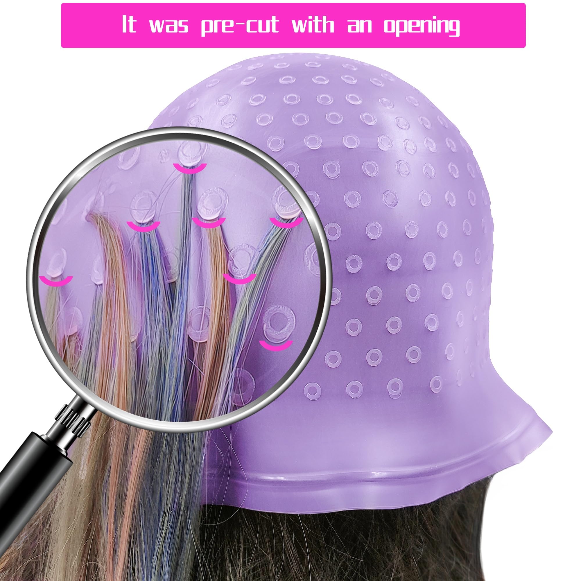 Cuffia per capelli in silicone con foro perforato con ago e pennello per colorare i capelli, cuffia per evidenziare le striature, tappo per evidenziare, per parrucchieri, strumenti professionali per