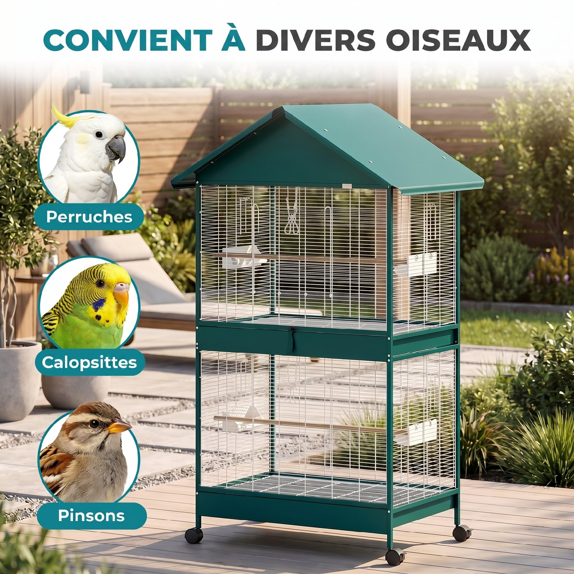 PawHut Grande Cage à Oiseaux Roulante, Volière Oiseaux Intérieur/Extérieur, Séparateur Amovible, 4 Mangeoires, 2 Perchoirs, 2 Plateaux, 94x70x158 cm