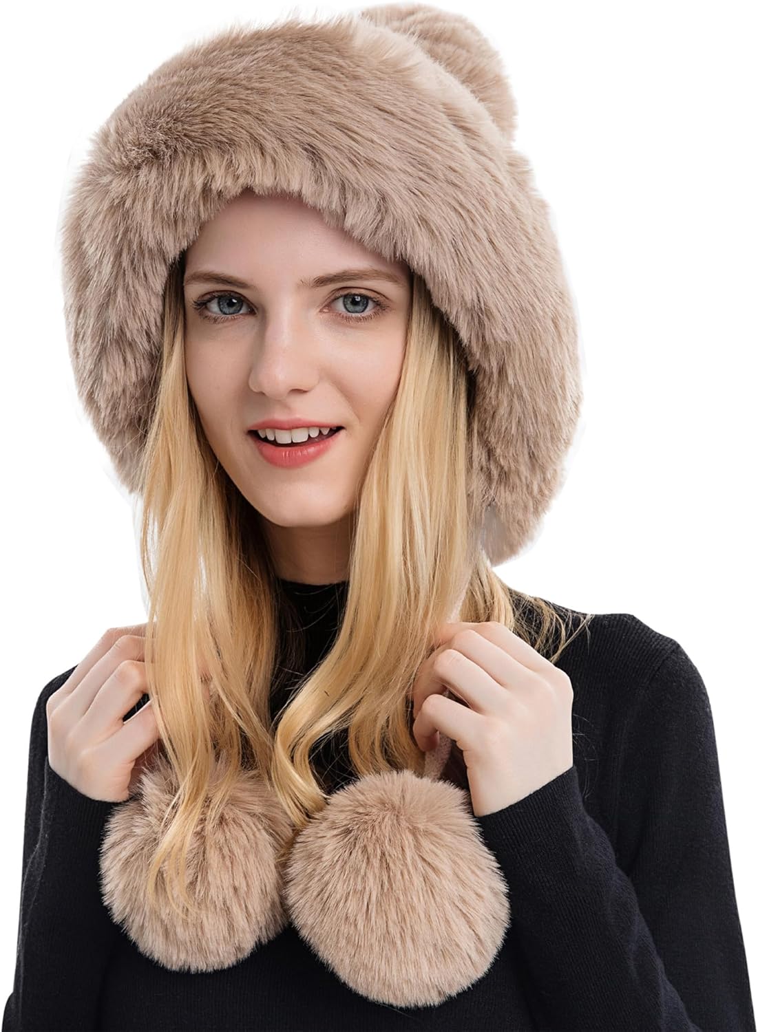 Womens Beanie Winter Hats Warm Pompom Faux Fur Crochet Skull Ear Cap