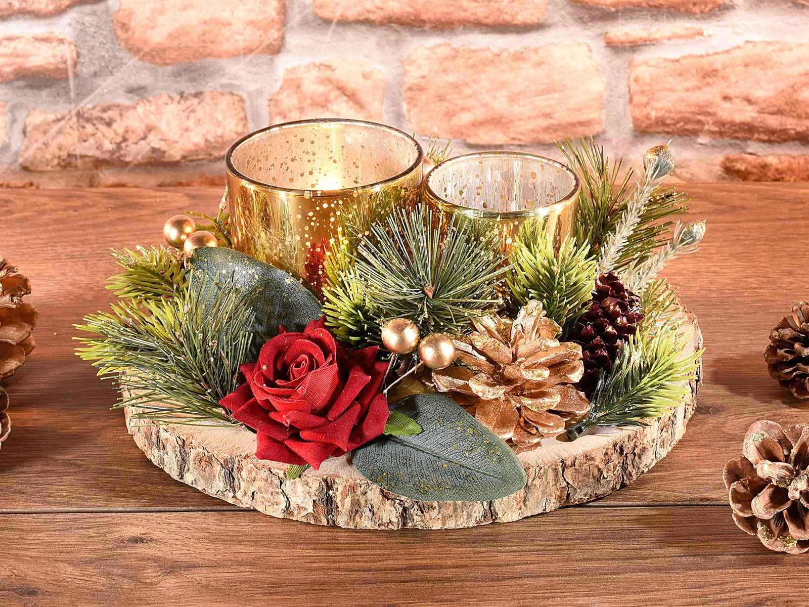 Gruppo Maruccia - Centrotavola Natalizio in Legno con Vasi per Candele - con Pigne, Rametti, Bacche - Idea Regalo - Misura 21,5 cm