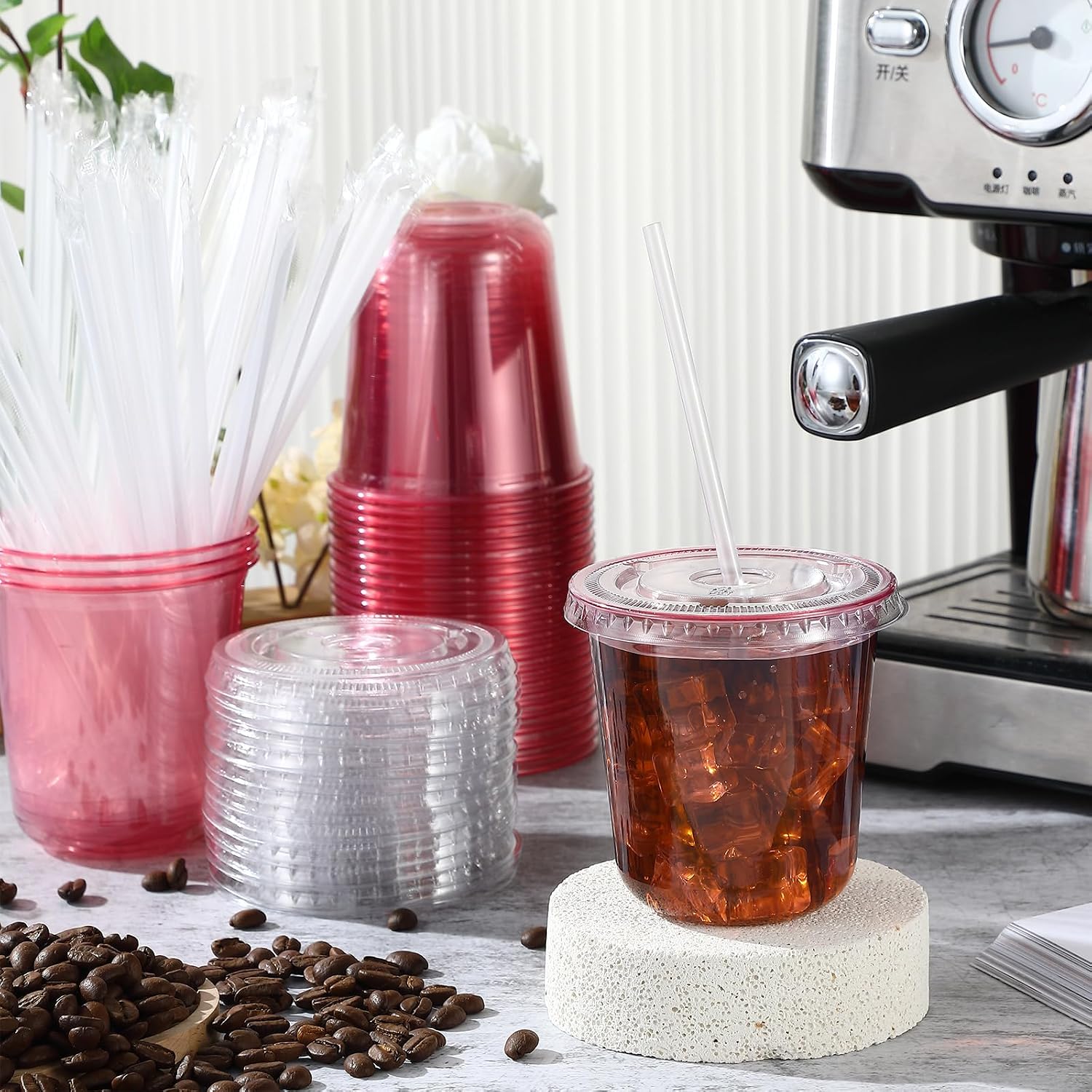 Ziliny 50 Sets 12oz Pink Plastic Cups with Lids and Straws Disposable Cups image 2