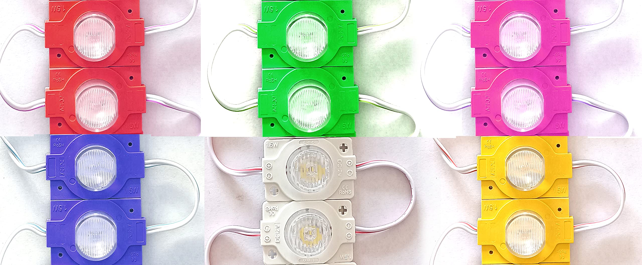 Steko 12 Pieces DC 12 Volt 1.5 Watt (HAT SHAPE) Waterproof LED Module Light Multipurpose Use For Auto Rickshaw, Battery Rickshaw, Bike, Car Decoration (2 Each Red, Green, Blue, Yellow, White, Pink)