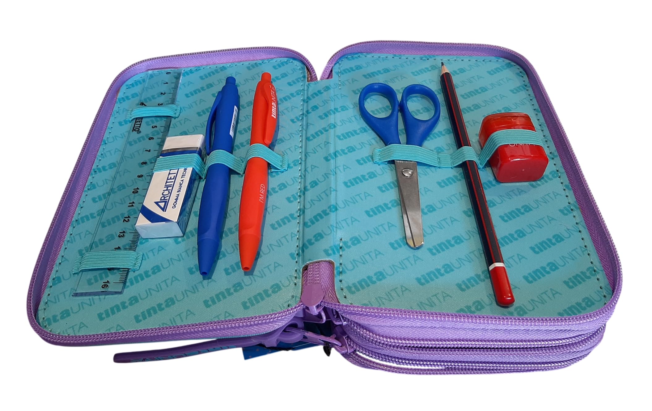 PRESTIGE & DELUXE Estuche completo de color liso Pool Over 3 cremalleras Gradient azul violeta completo de papelería + estuche sobre cremallera para escuela niña niña + llavero y bolígrafo de color