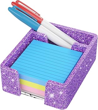 WINFFOR Acrylic Notepad Holder Dispenser - 3x3 in 2IN1 Sticky Note Memo Holder for Desk Organizer W/O Pads Office Desk Accessories School Supplies, Glitter Purple
