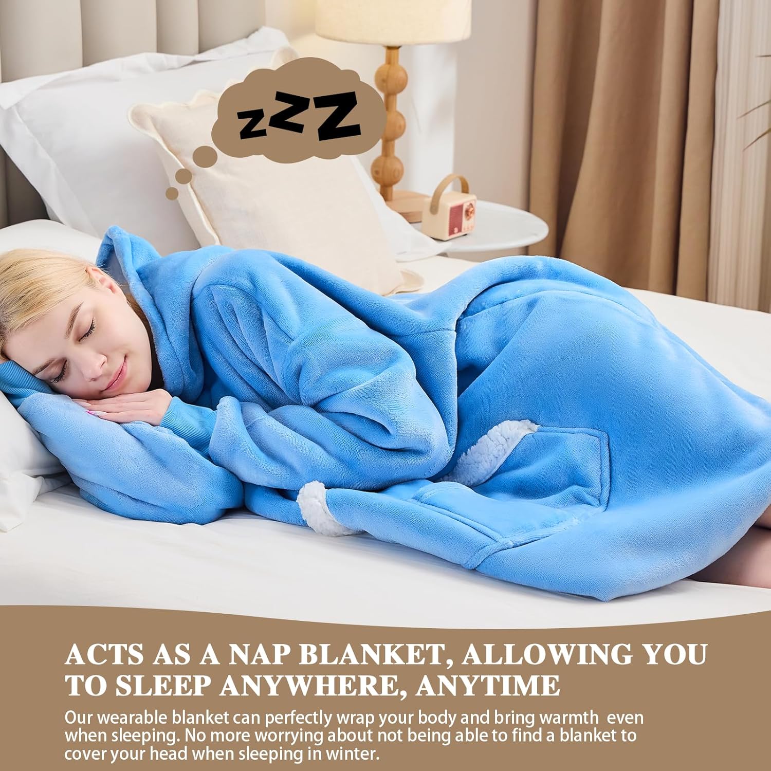 Wearable Blanket Hoodie, Oversized Sherpa Fleece Sweatshirt Blanket with Giant Pockets & Sleeves for Adult, Cozy Hooded Blanket, Winter Gift for Women, Blue - Image 9