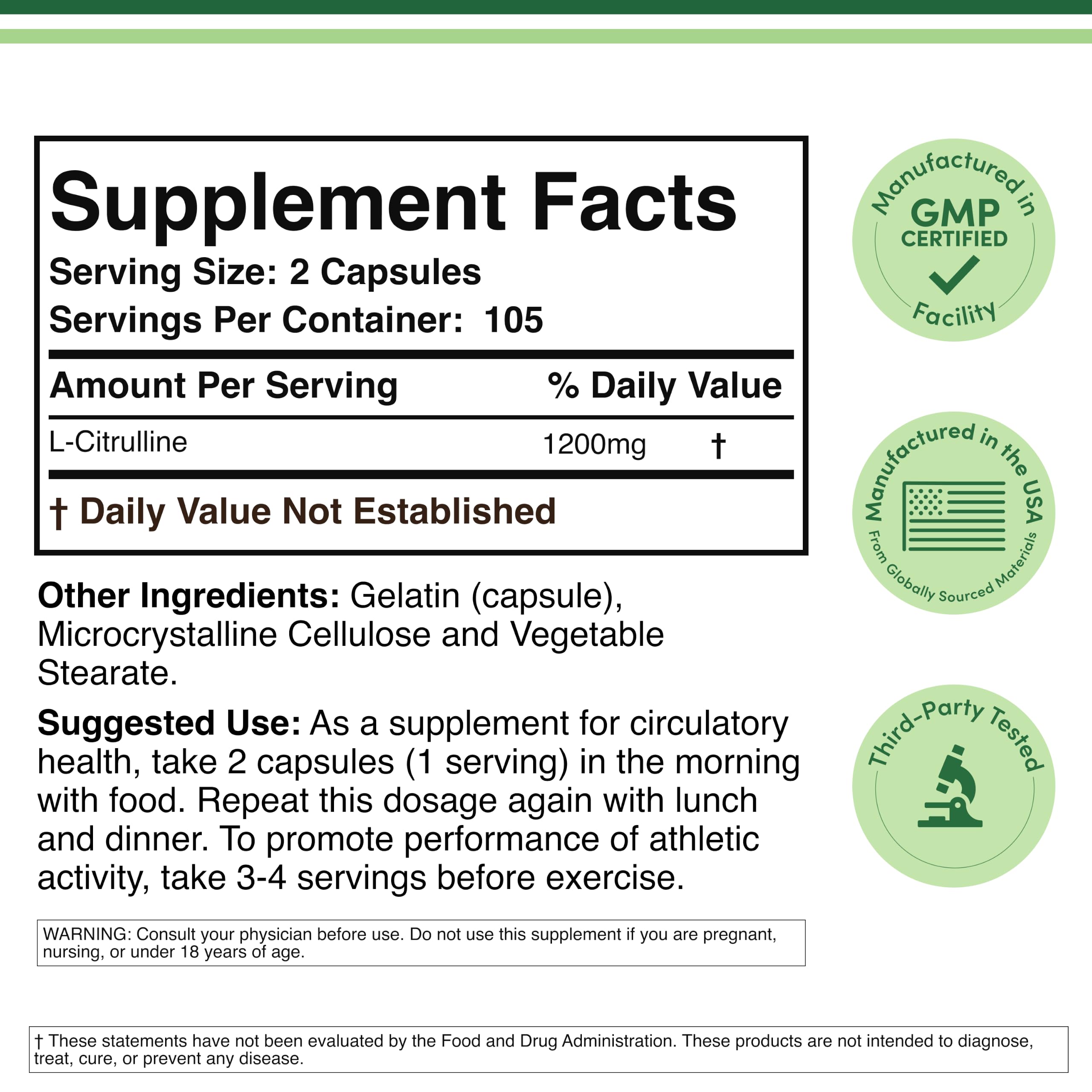 L-Citrulline 1,200mg, Nitric Oxide Supplement, 210 Capsules — Amazon image 2