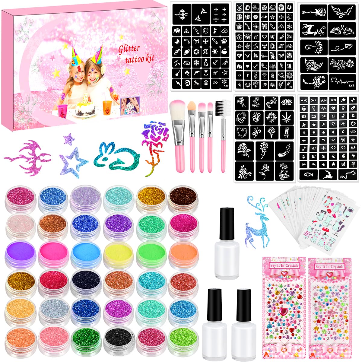 Kit de Tatuajes Purpurina Temporales, CMZAO 36 Colores Brillo con 203 Plantillas, 5 cepillos, 4 gomas, regalos de fiesta para adultos para niños y niñas