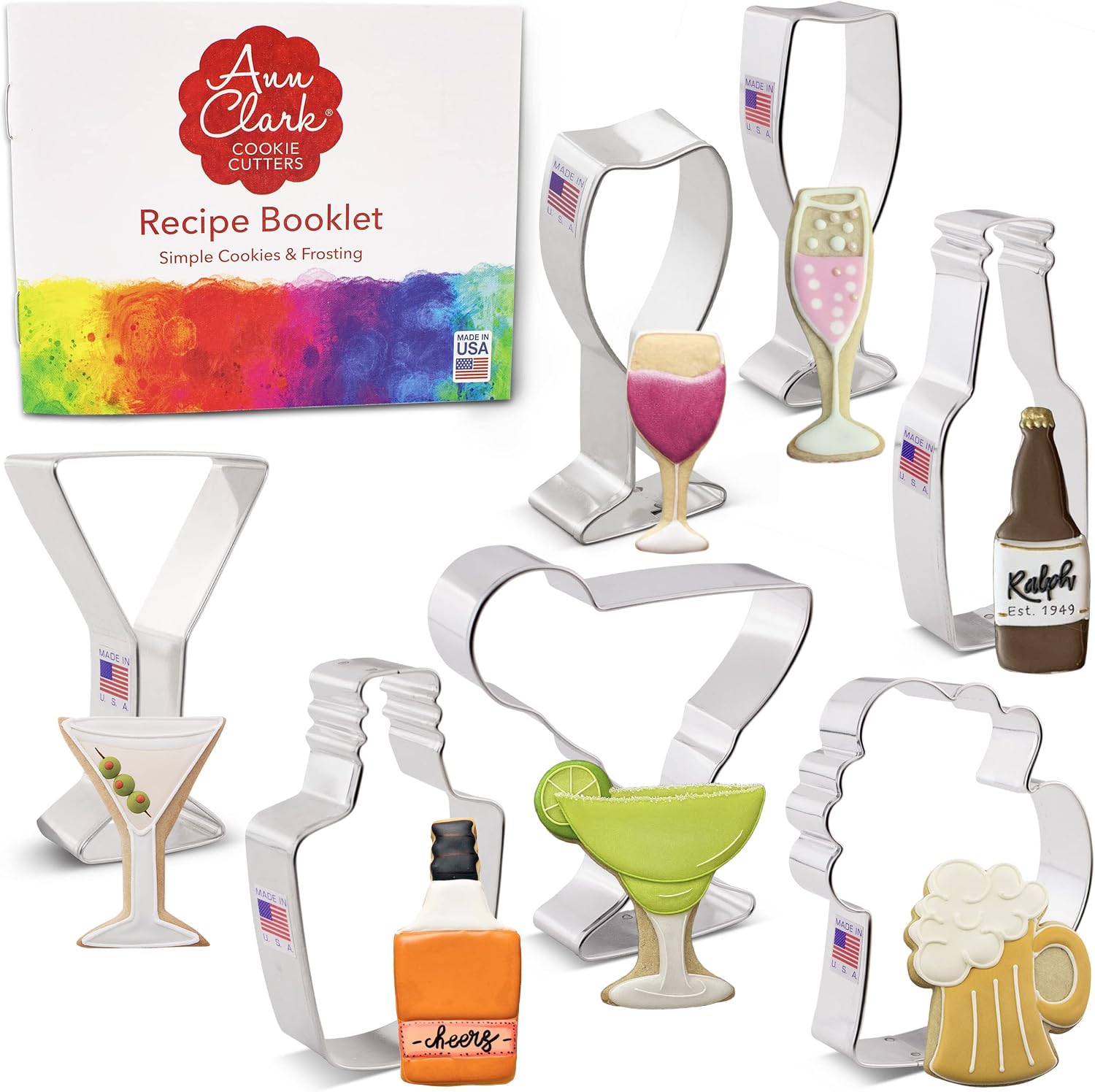 Ann Clark Cocktail Party Cookie Cutters Set of 7, Made in USA | Includes: Champagne Glass, Wine Glass, Martini Glass & More, America's Largest Cookie Cutter Maker, Food-Safe American Steel