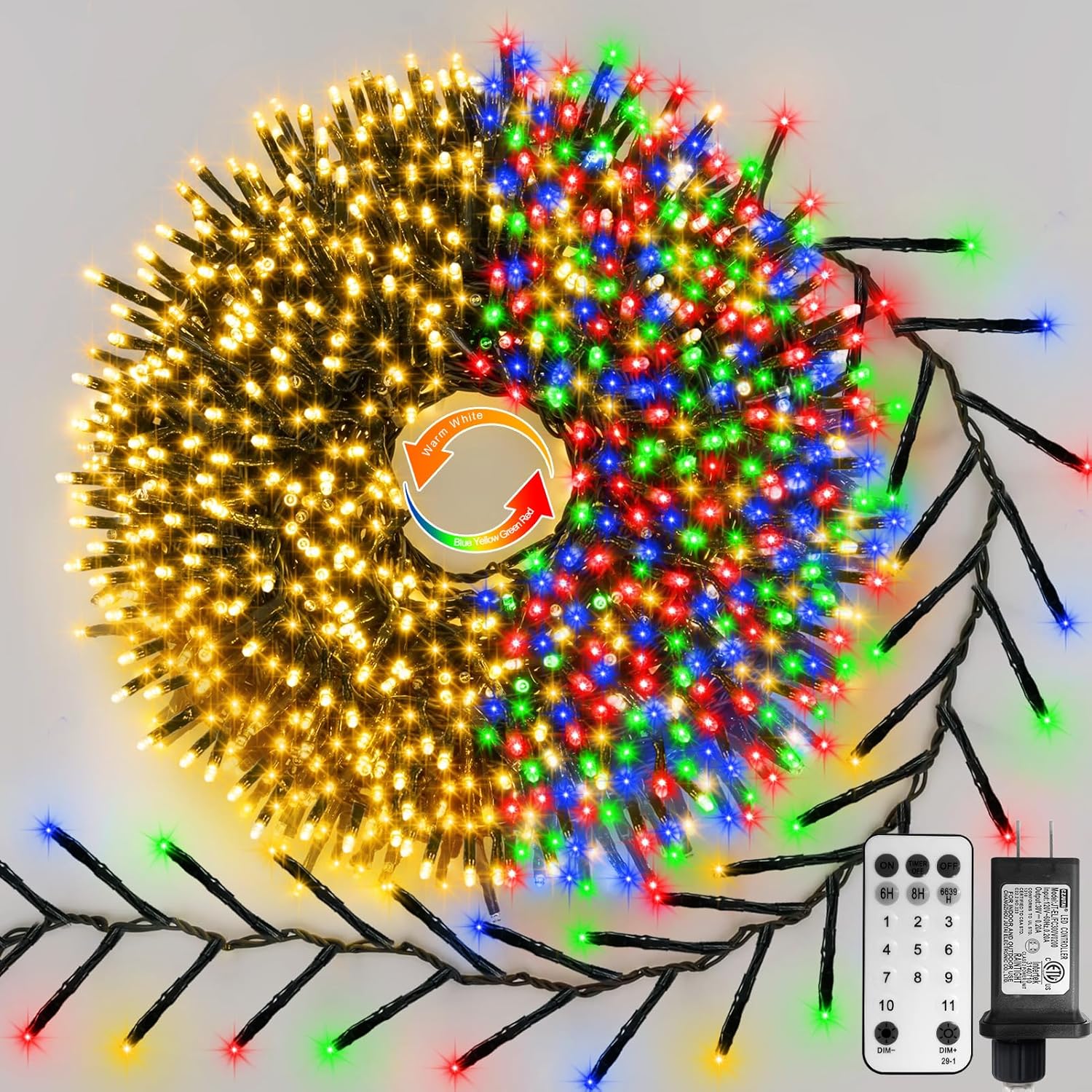 ZAIYW 100Ft 2000 LED Cluster String Lights Plug in, Dual Color Changing Christmas Tree Lights with Remote Timer 11 Modes, Outdoor Firecrackers String Lights for Garden Tree Garlands Decor 100FT-Warm White & Multicolor