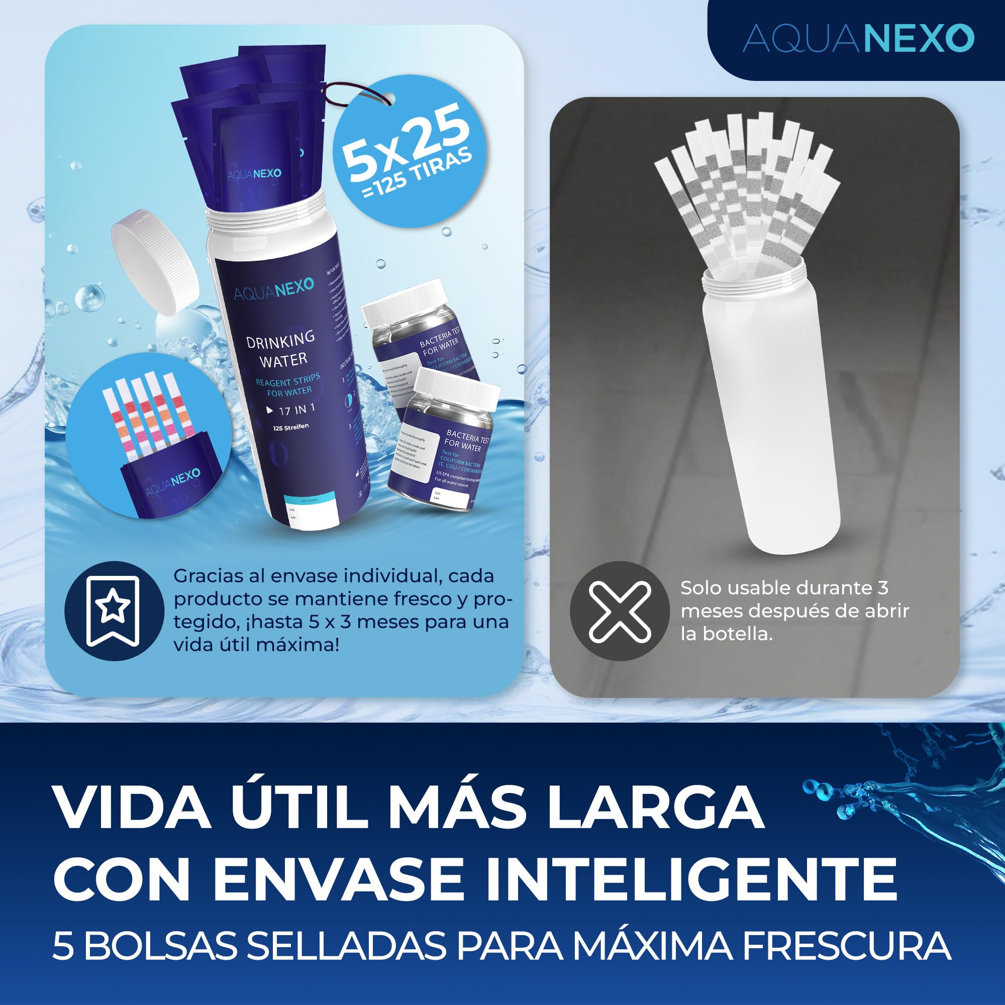 18 parámetros, 125 tiras de prueba de agua potable (5x25)+ 2x prueba de bacterias coliformes, tiras de prueba de pH, probador de agua potable, dureza del agua, prueba de agua potable