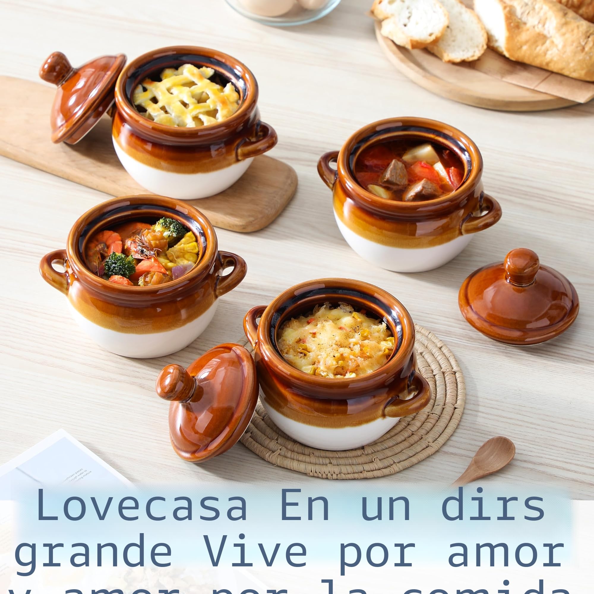 LOVECASA Juego de 4 Soperas de Porcelana 660 ml con Tapa y 2 Asas, 12,5 x 10,3 cm, Tazones para Sopa de Cebollas Soupe à l'Oignon, Sopa de Carne y Verduras, Caldo, Lasaña, Apto para Horno y Microondas