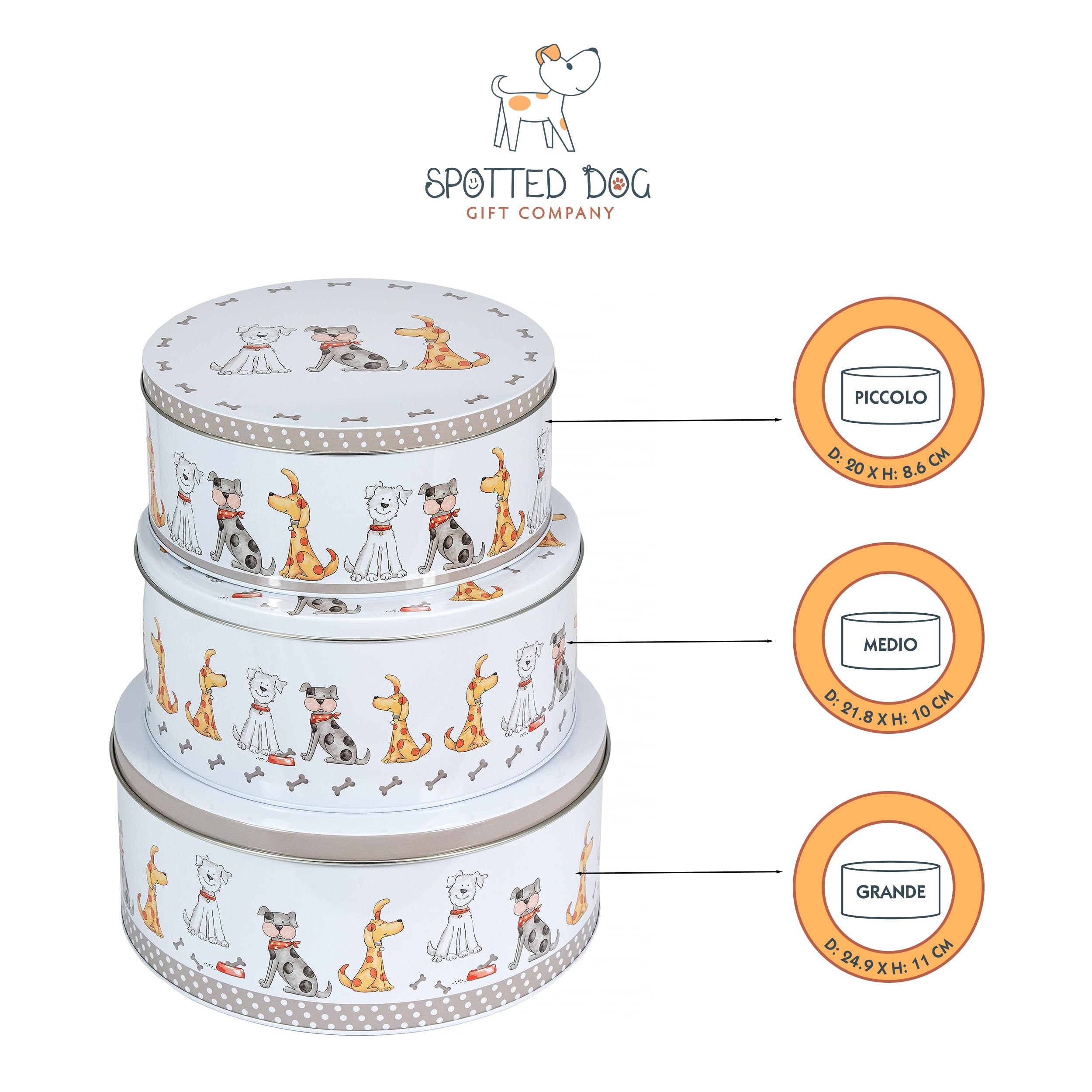 SPOTTED DOG GIFT COMPANY Set di 3 Scatole di Latta, Contenitori Impilabili per Biscotti in Metallo, Barattoli di Latta Rotondi Ermetici per Conservare Torte e Alimenti, Piccoli Medi Grandi - Cani